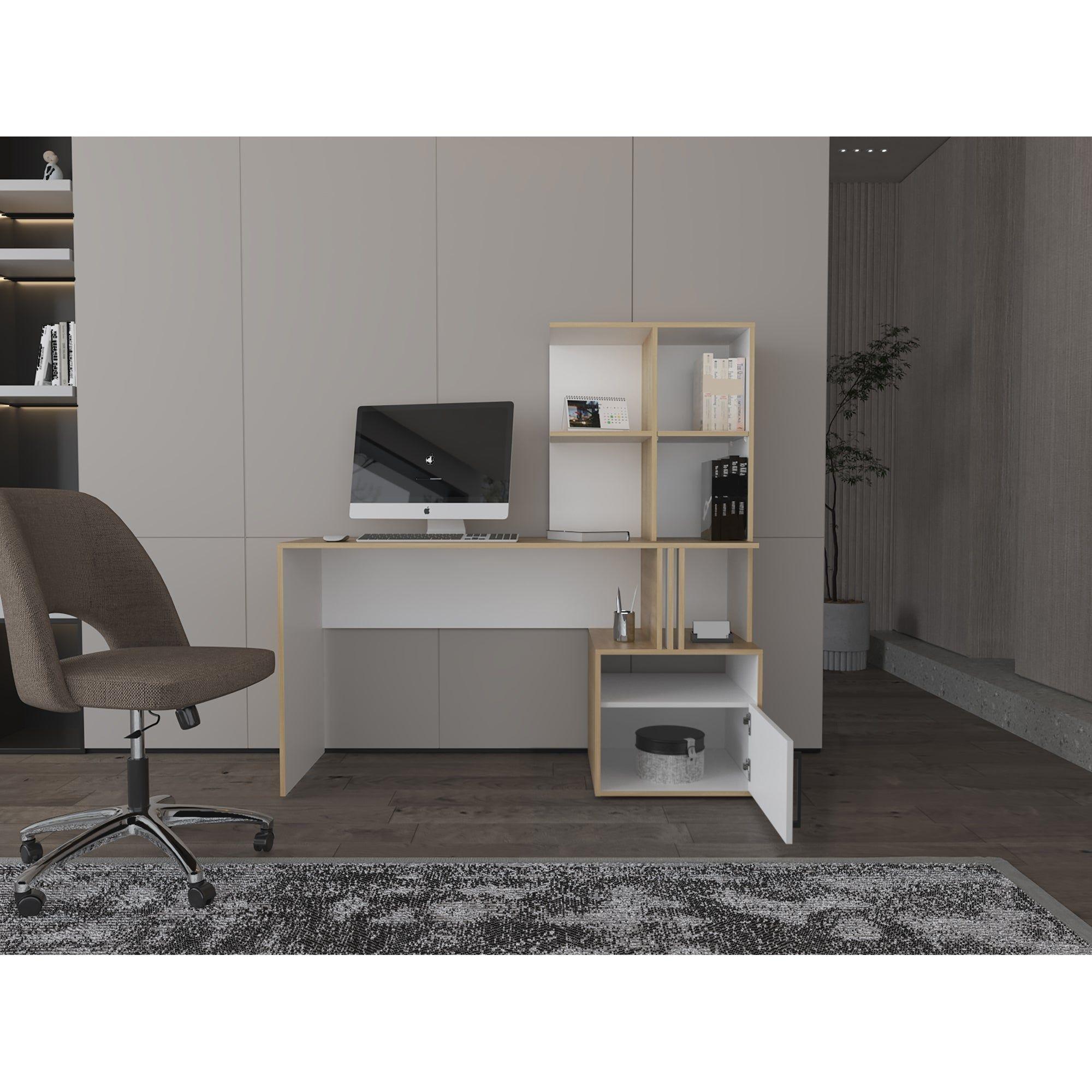 Escritorio Con Biblioteca Incorporada 1 Puerta 140 Cm Blanco Y Café Claro-6