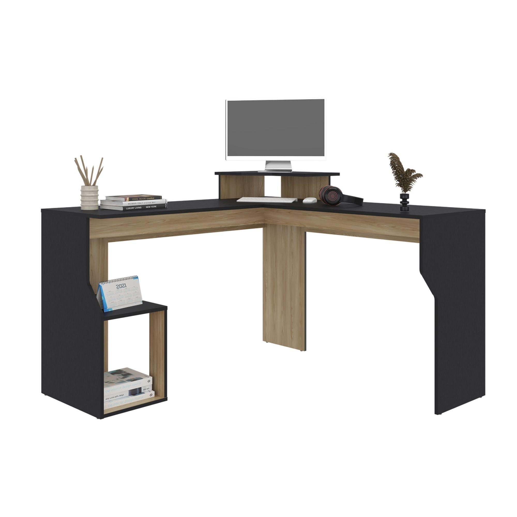 Escritorio En L 90,6X130X130 Cm Negro Y Café Claro-2