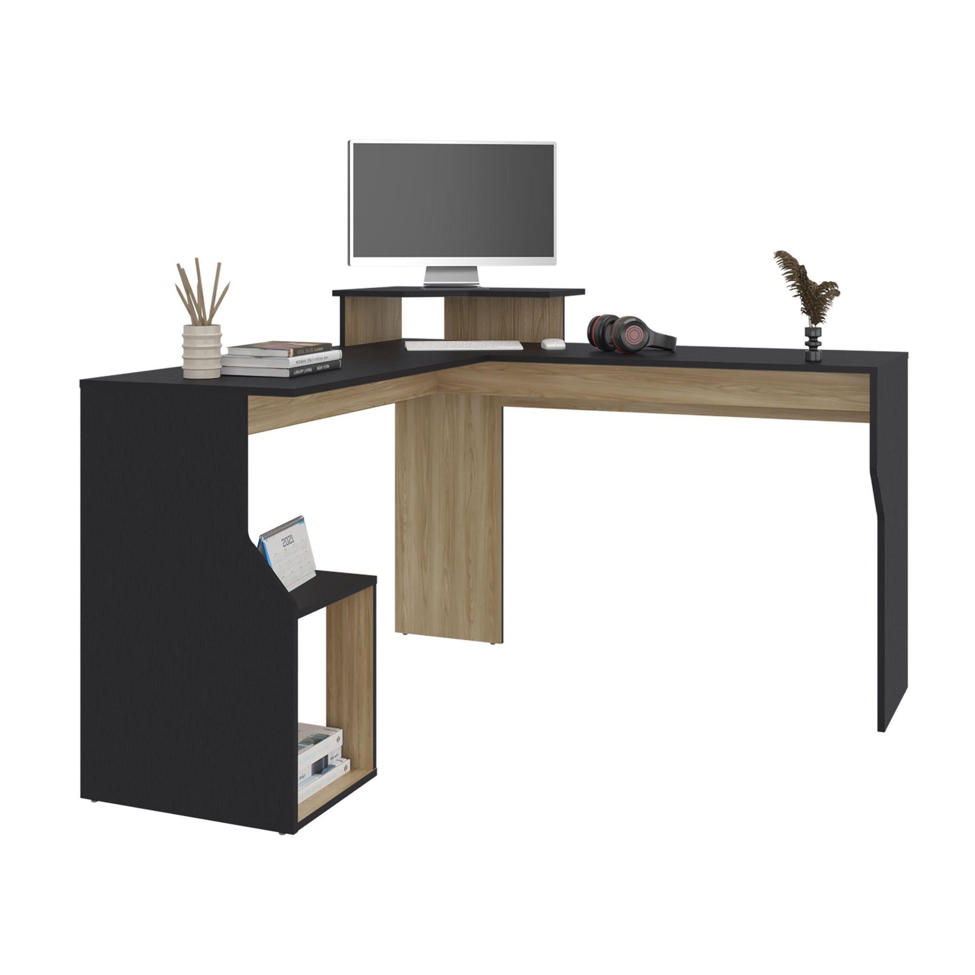 Escritorio En L 90,6X130X130 Cm Negro Y Café Claro-3