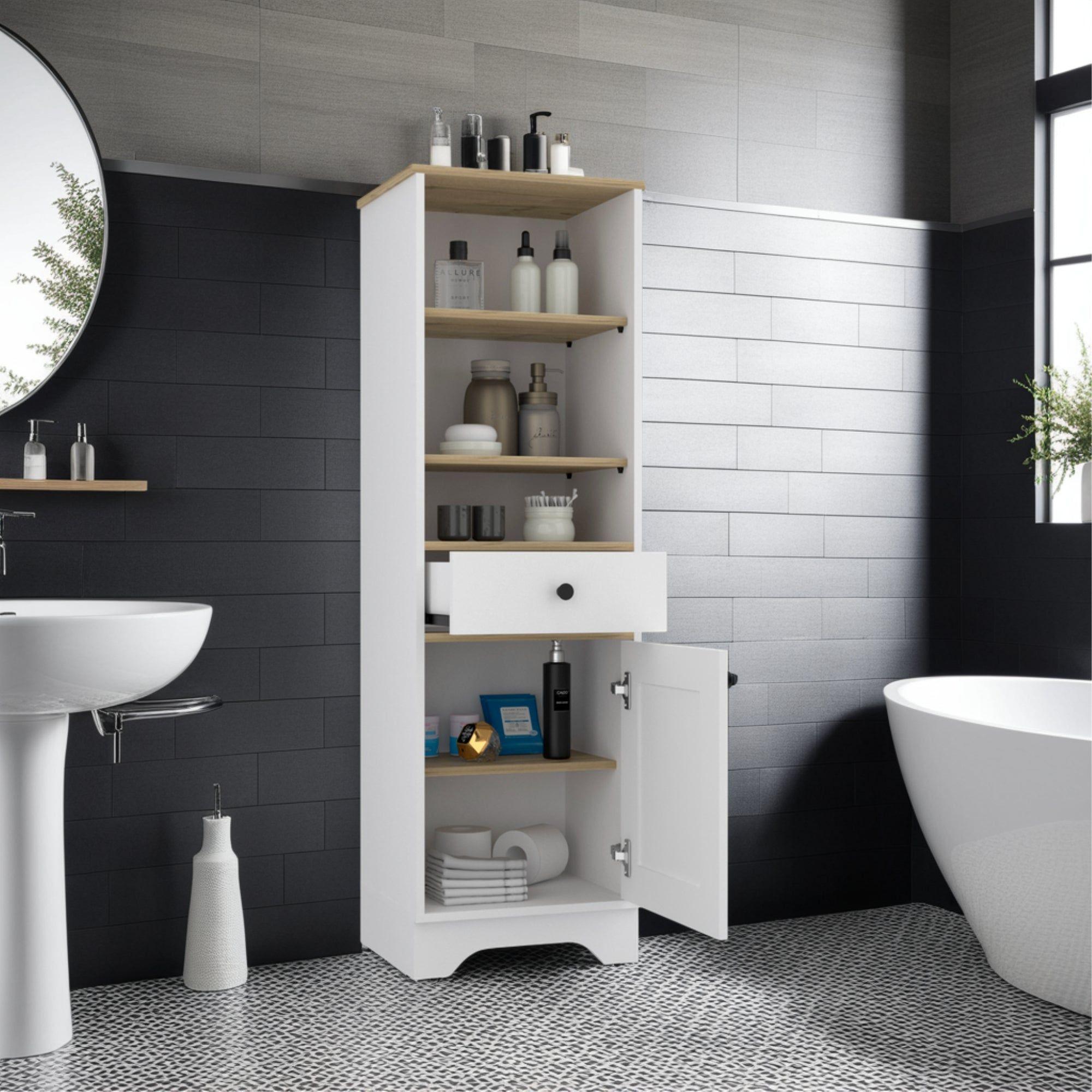 Estante Organzador Baño 1 Puerta 1 Cajon Fm-005C Café Claro Y Blanco-4