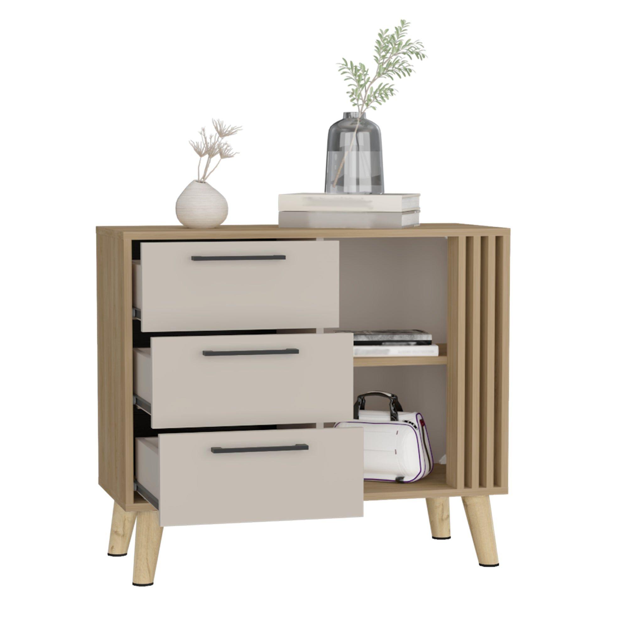 Comoda 3 Cajones Fm 64,4X80X35 Cm Café Claro Y Beige-2