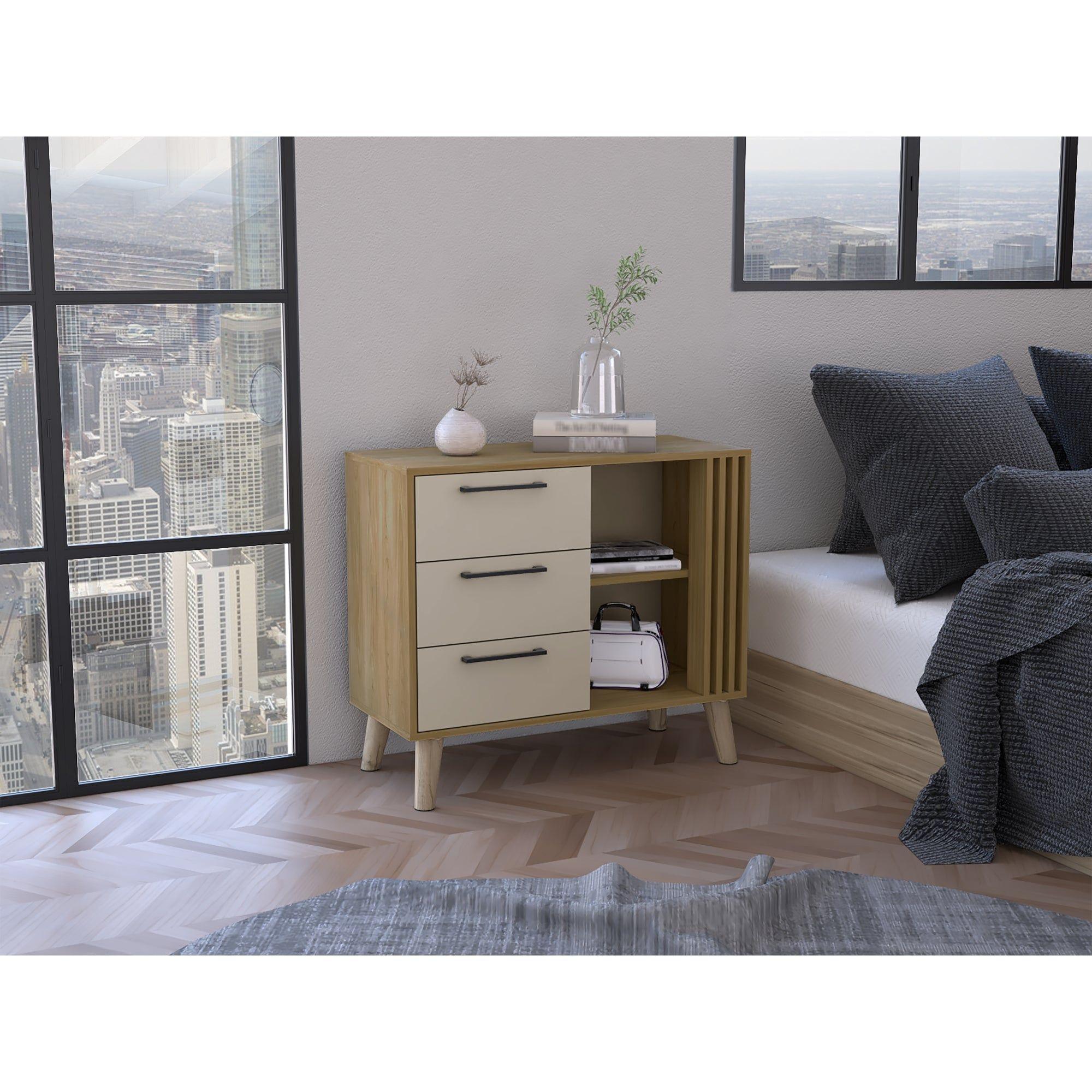 Comoda 3 Cajones Fm 64,4X80X35 Cm Café Claro Y Beige-4