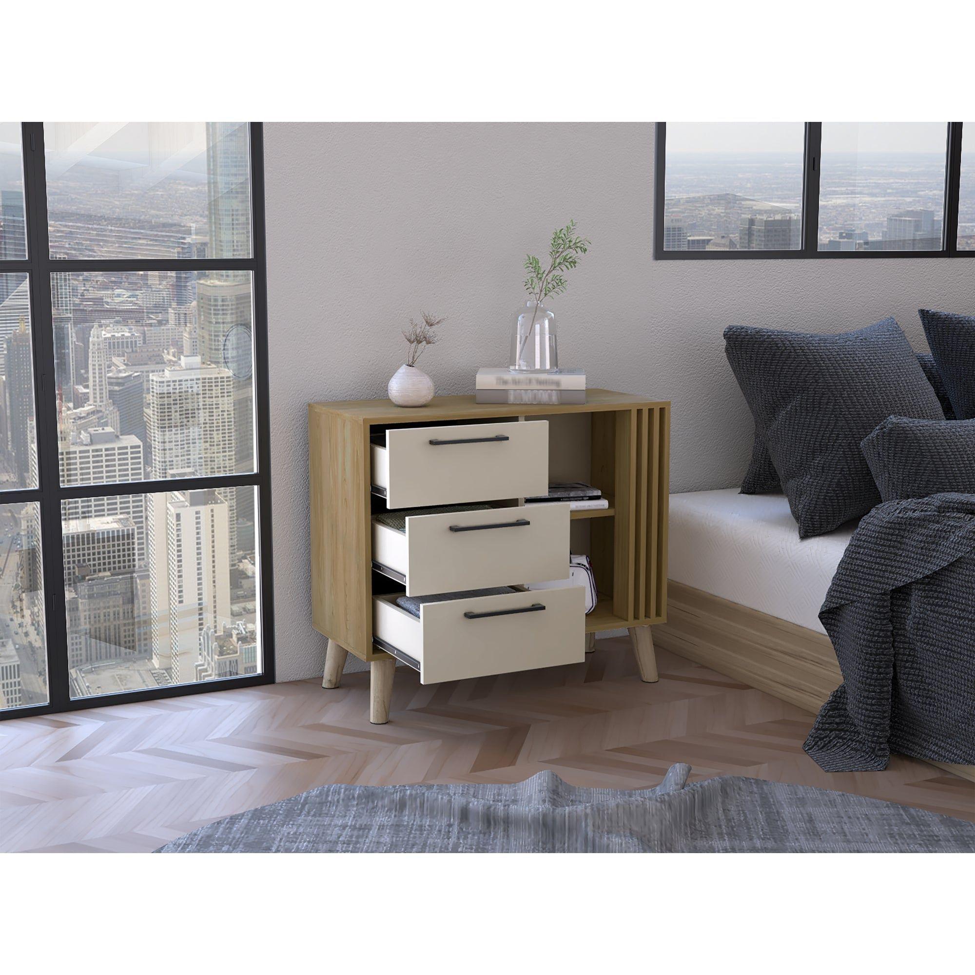 Comoda 3 Cajones Fm 64,4X80X35 Cm Café Claro Y Beige-5