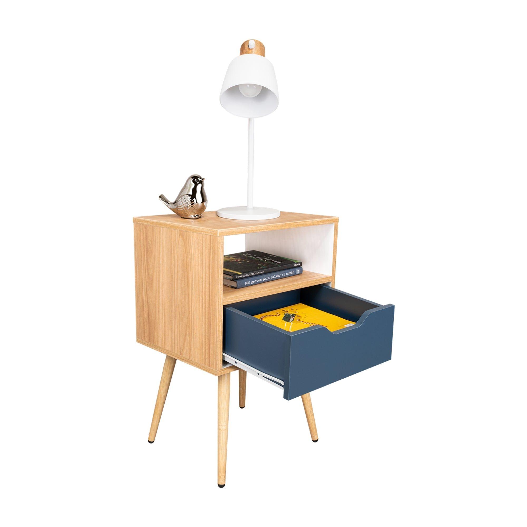 Velador Melamina 1 Cajon 63X40X35 Cm Café Claro Y Azul-2