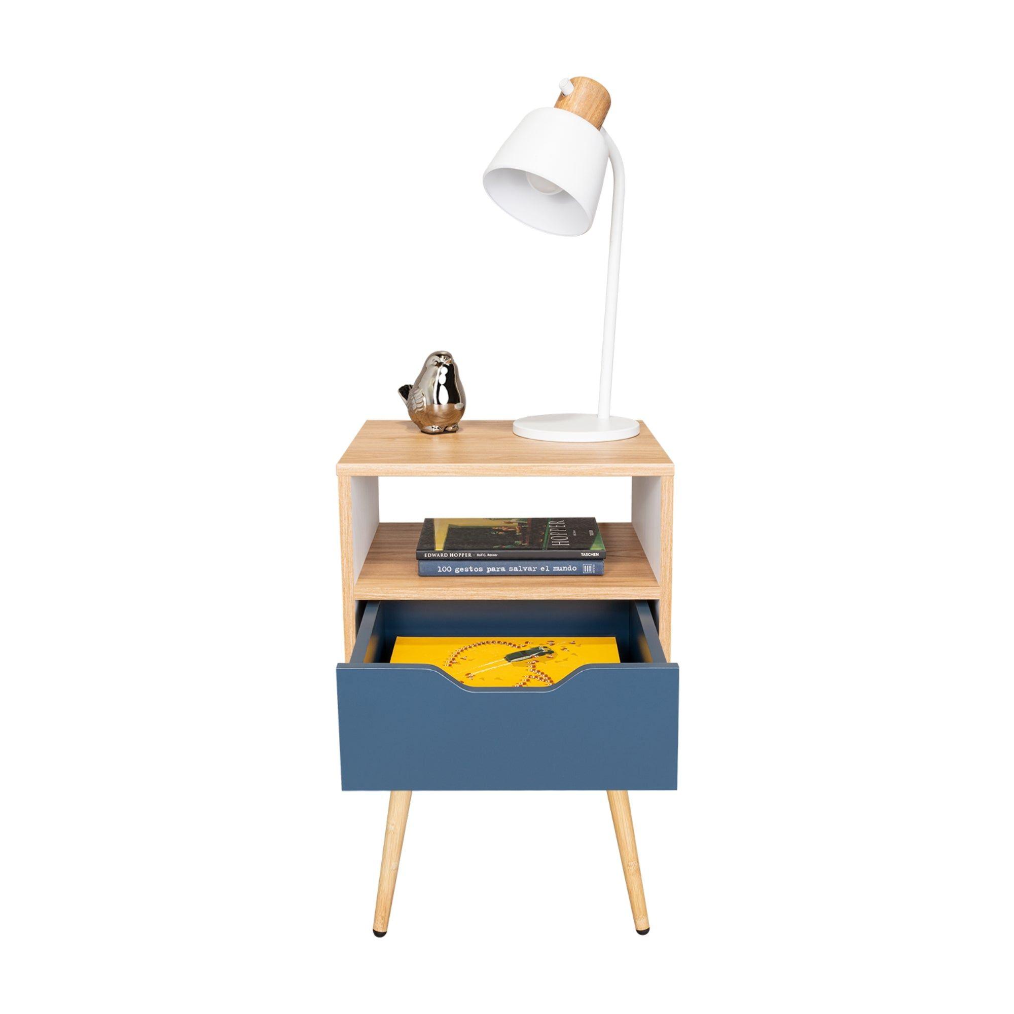 Velador Melamina 1 Cajon 63X40X35 Cm Café Claro Y Azul-3