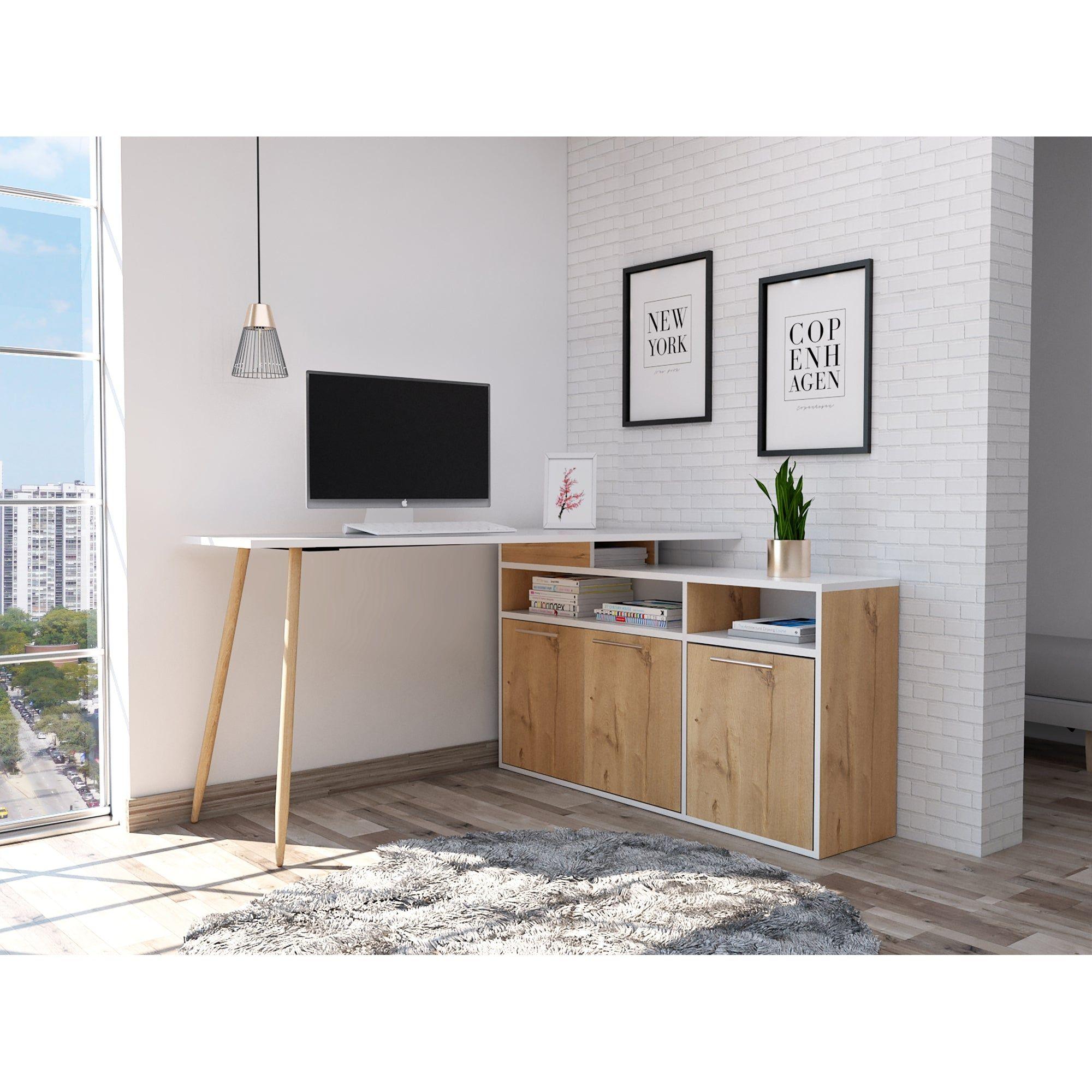 Escritorio En L Esquinero 72,5X130X120 Café Claro Y Blanco-8