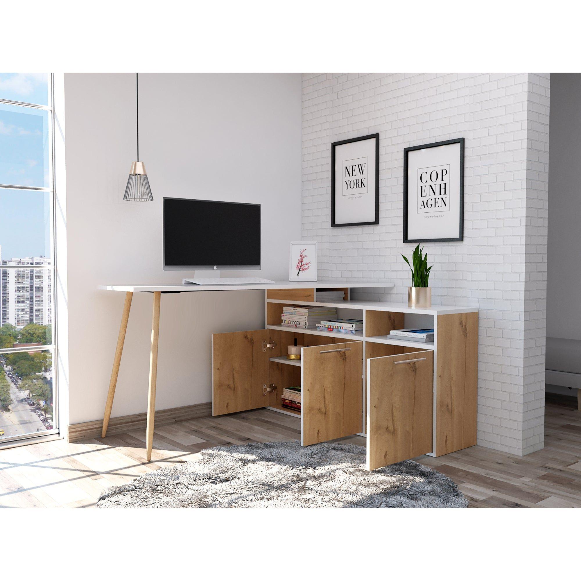 Escritorio En L Esquinero 72,5X130X120 Café Claro Y Blanco-9