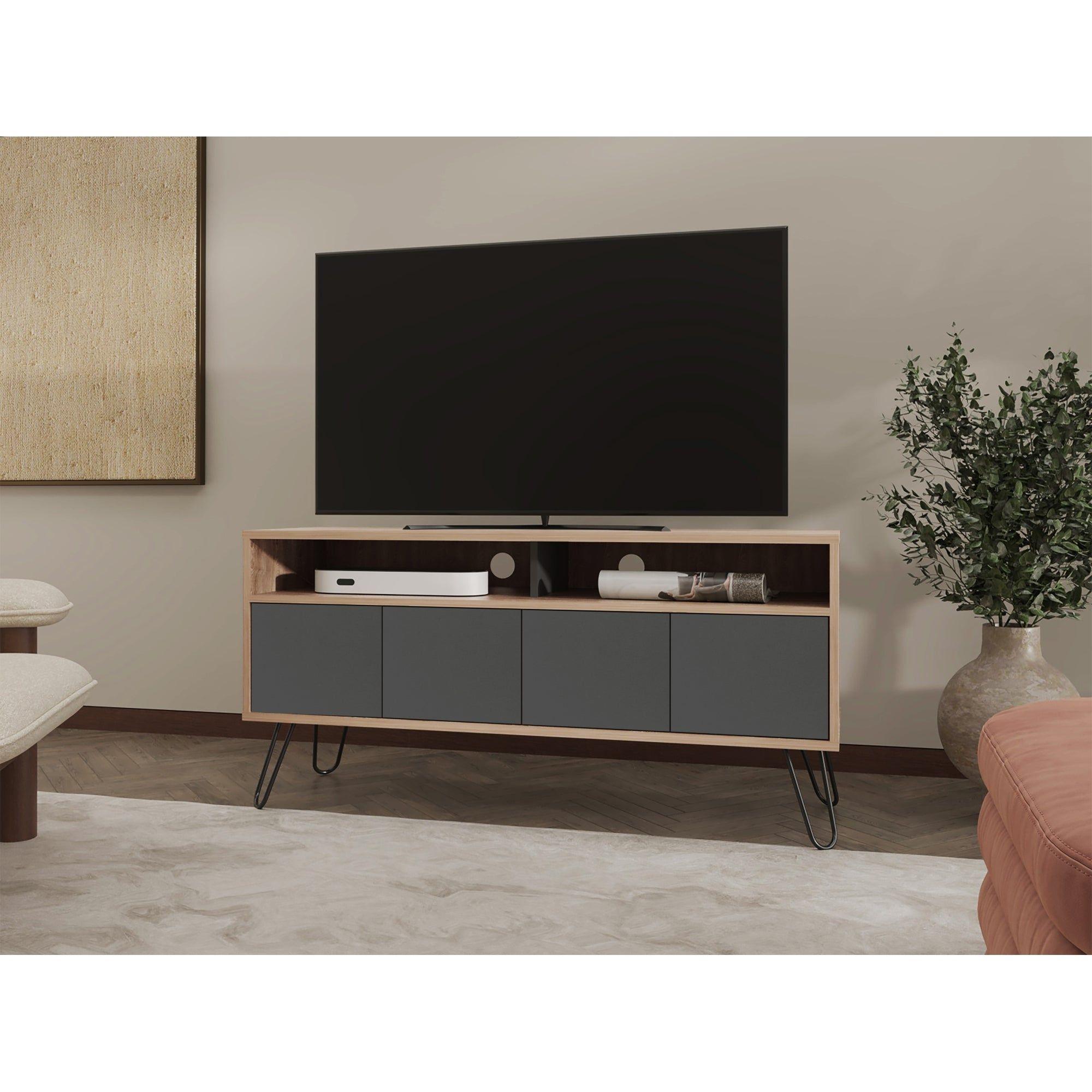 RACK TV  55" CON 2 REPISAS Y 4 PUERTAS CAFÉ CLARO Y GRIS-4