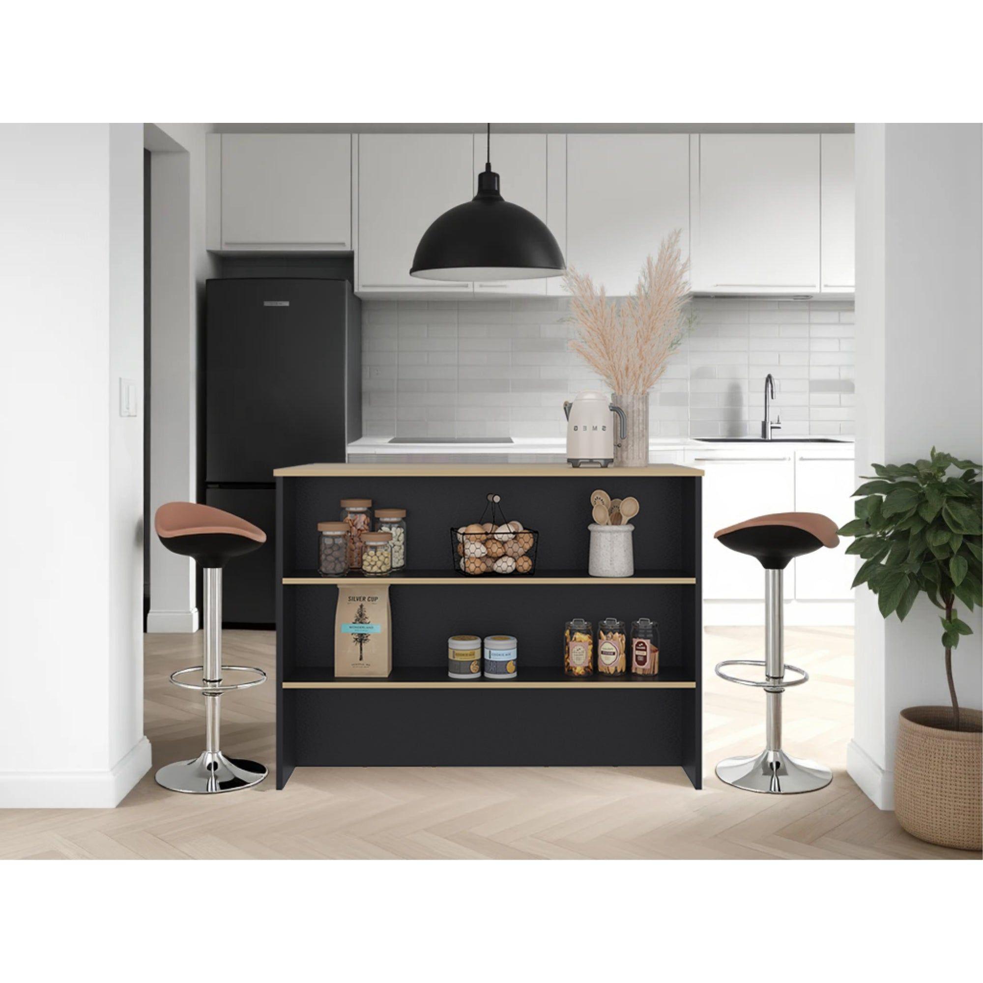 Isla De Cocina Auxiliar  90X120X60 Cm Negro Y Café Claro-6