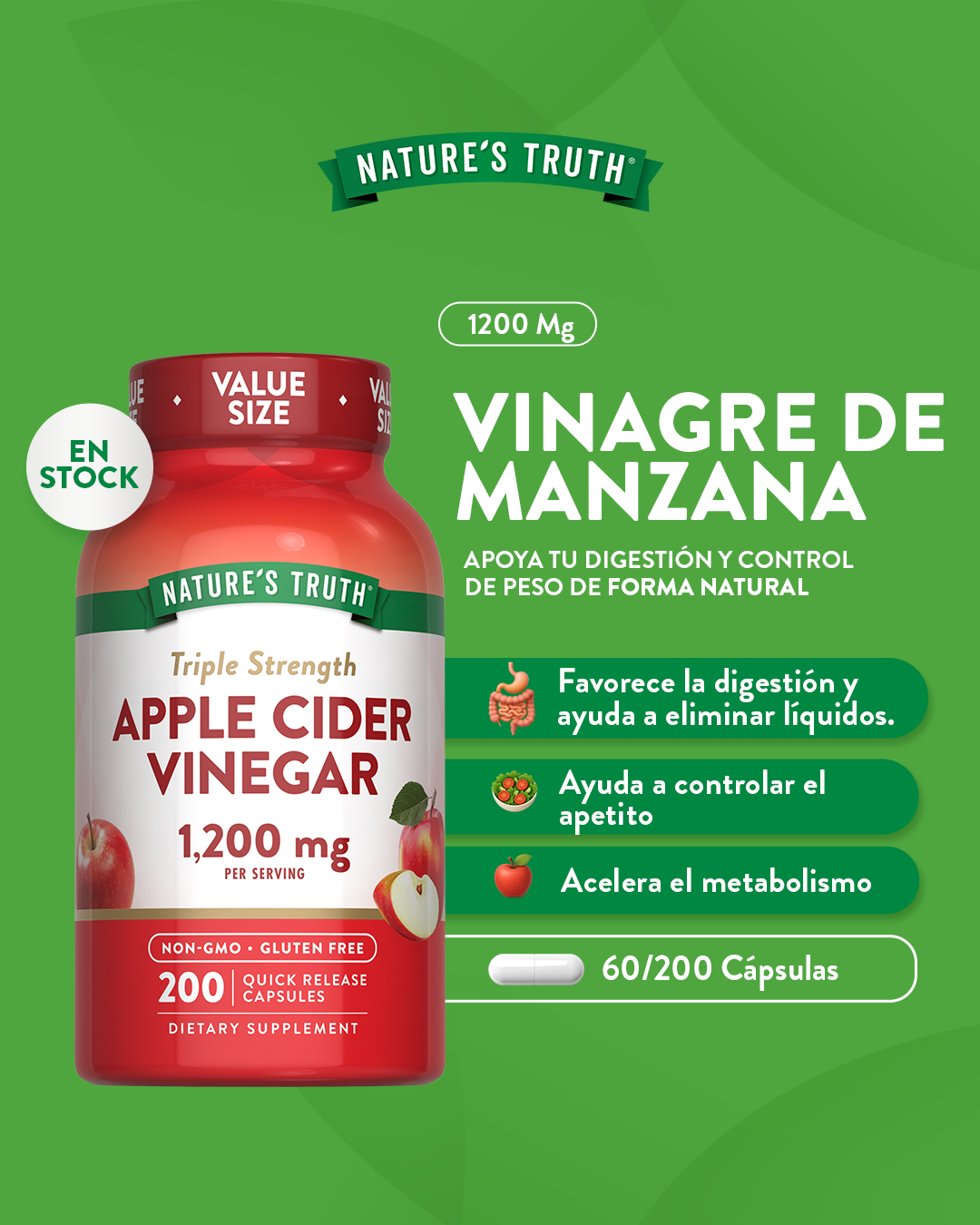 Vinagre de Manzana Natures Truth - Apple Cider Vinegar 1200 mg (200 cápsulas)-3