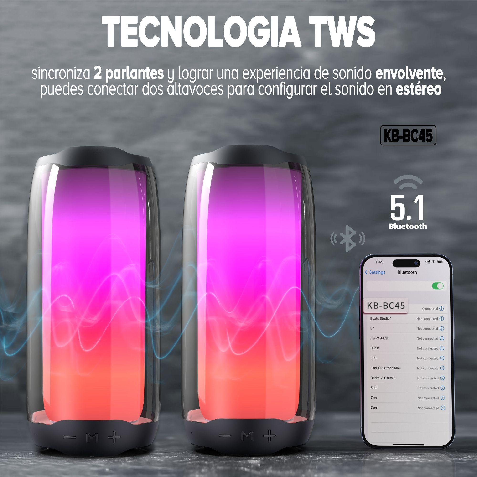 Parlante Inal mbrico Bluetooth Pulse Pro Kbod KB BC45 Sonido 360 Luz RGB-4