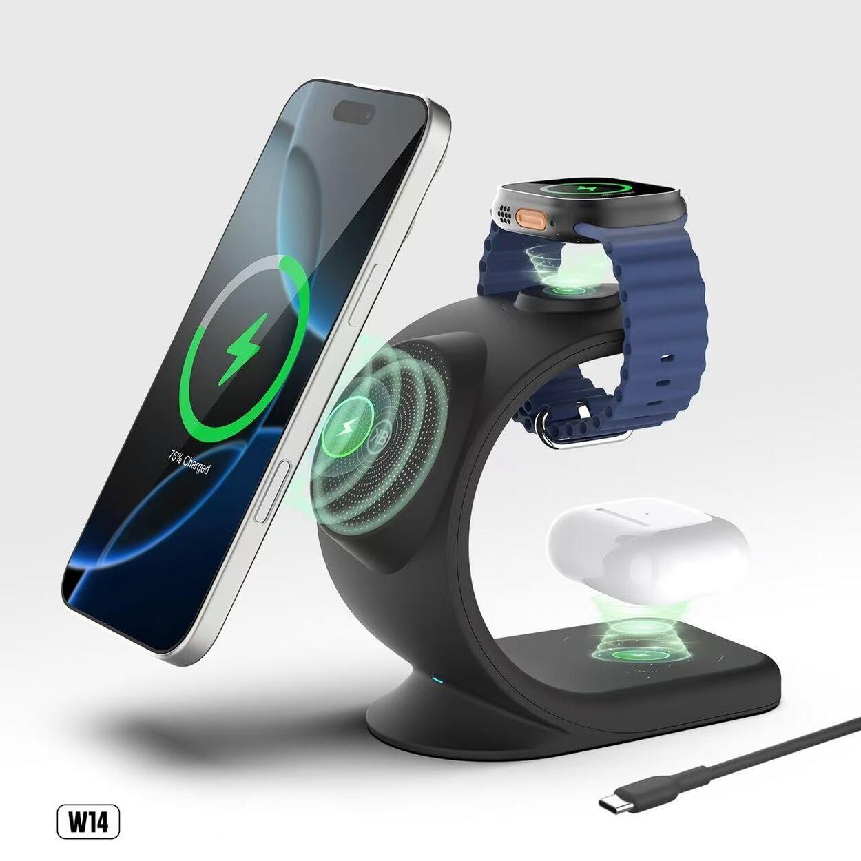 Soporte Base de Carga Inal mbrica 3 en 1 Hasta 22w Magn tico Kbod W14 Negro-4