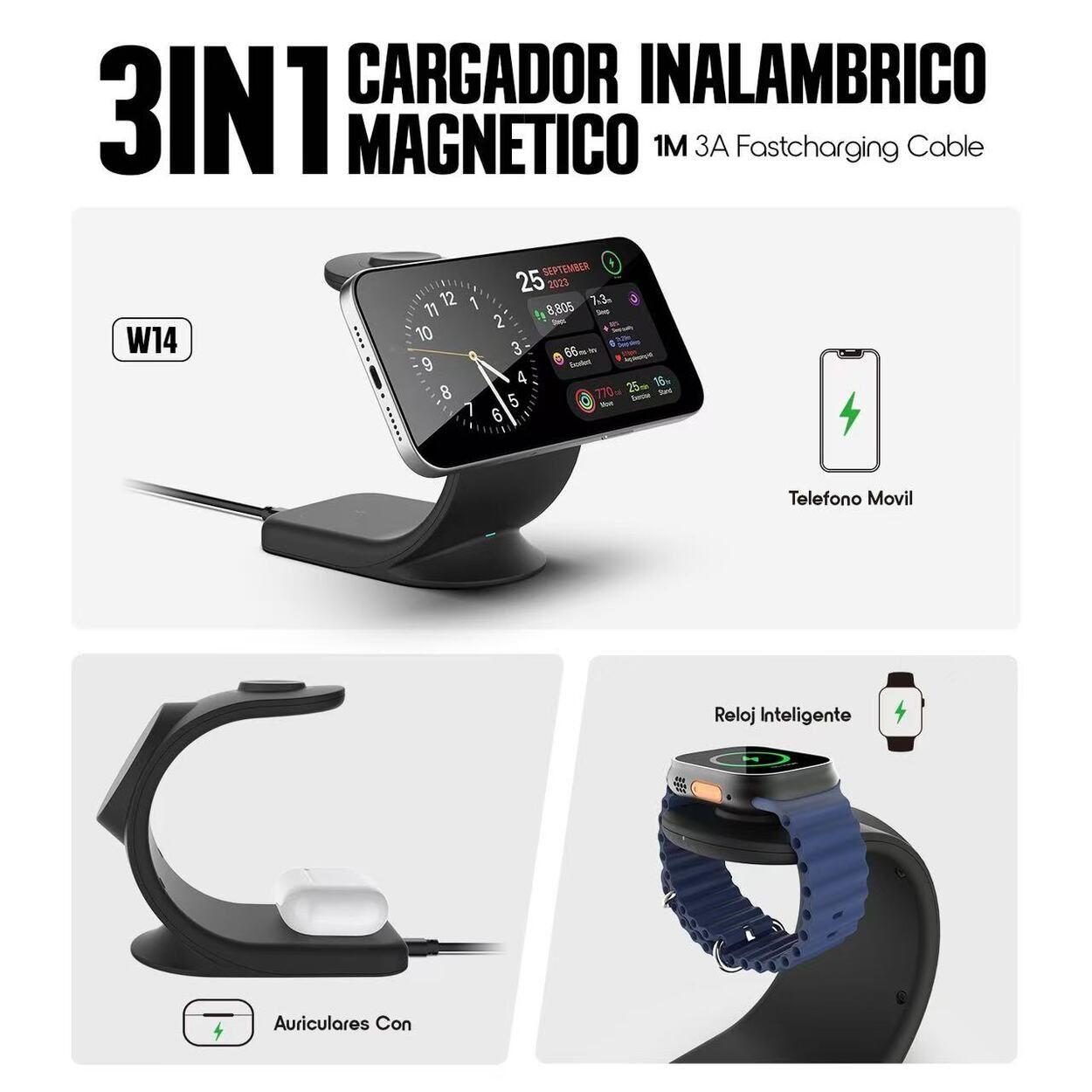 Soporte Base de Carga Inal mbrica 3 en 1 Hasta 22w Magn tico Kbod W14 Negro-6