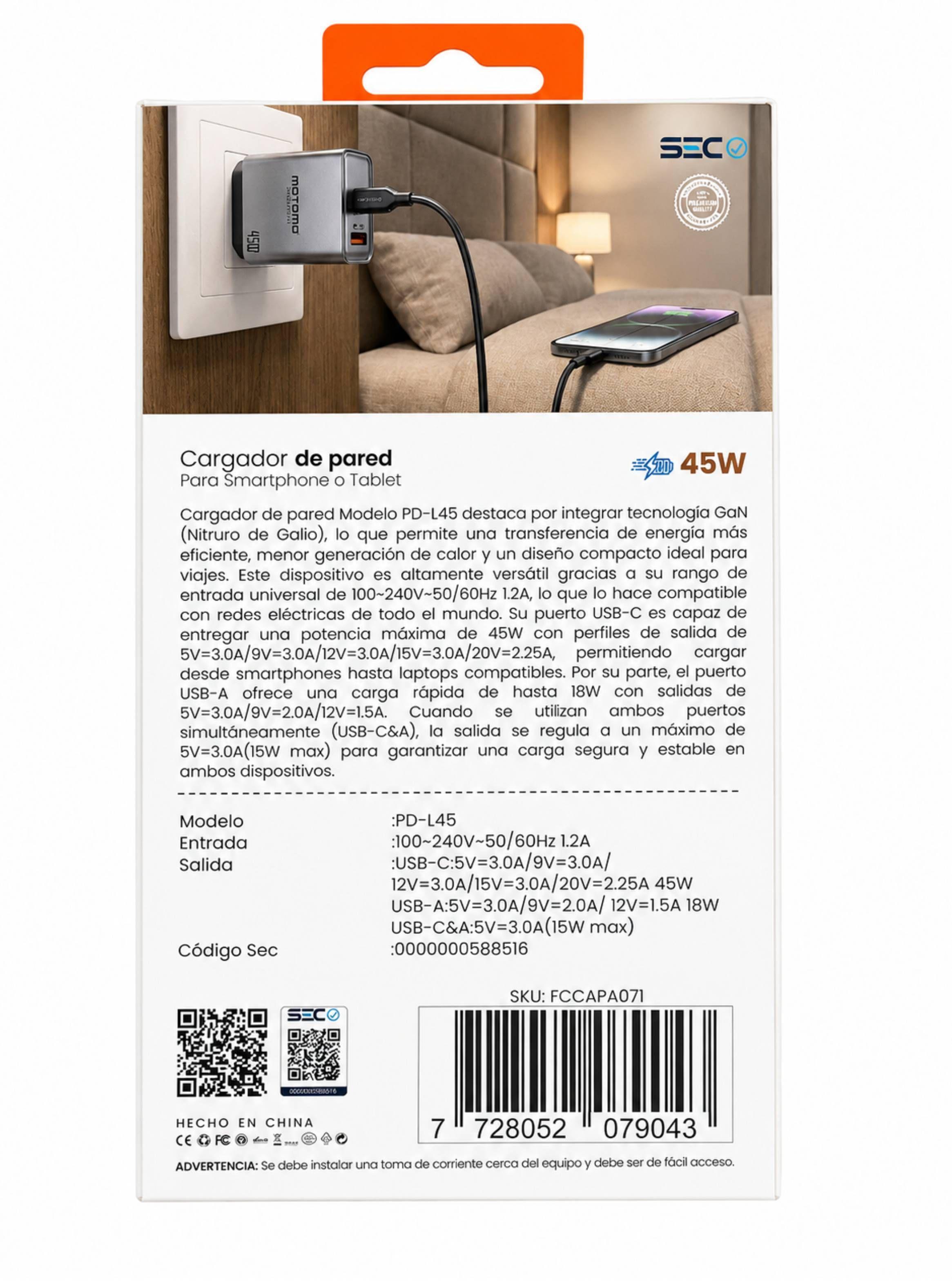 Cargador Carga Rapida 45W Entrada USB-C PD45 QC18W-1