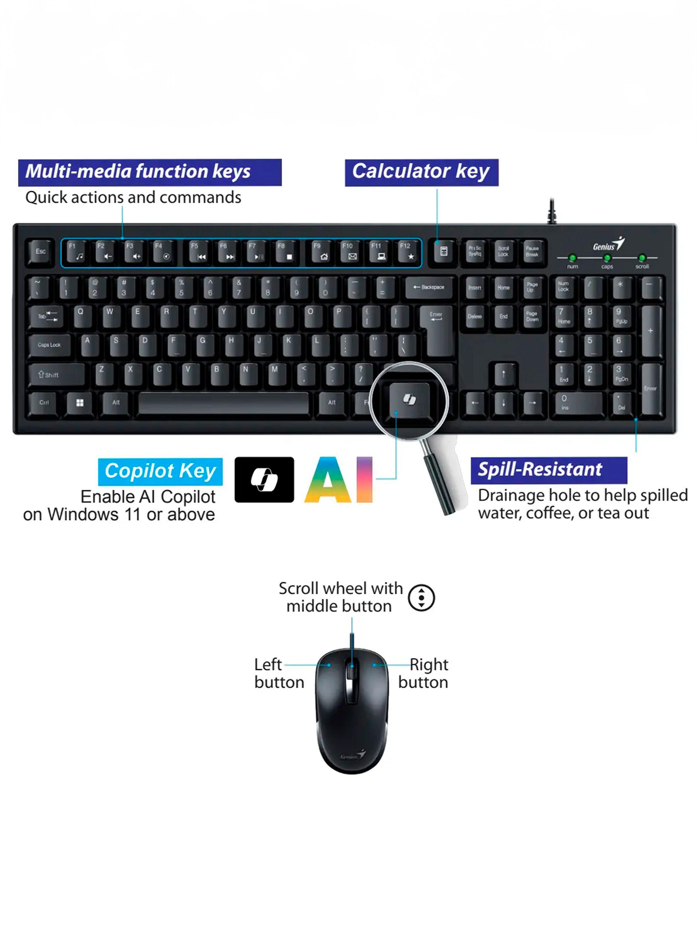 Kit De Teclado Y Mouse Con Cable Combo Genius KM-100SE Negro-5
