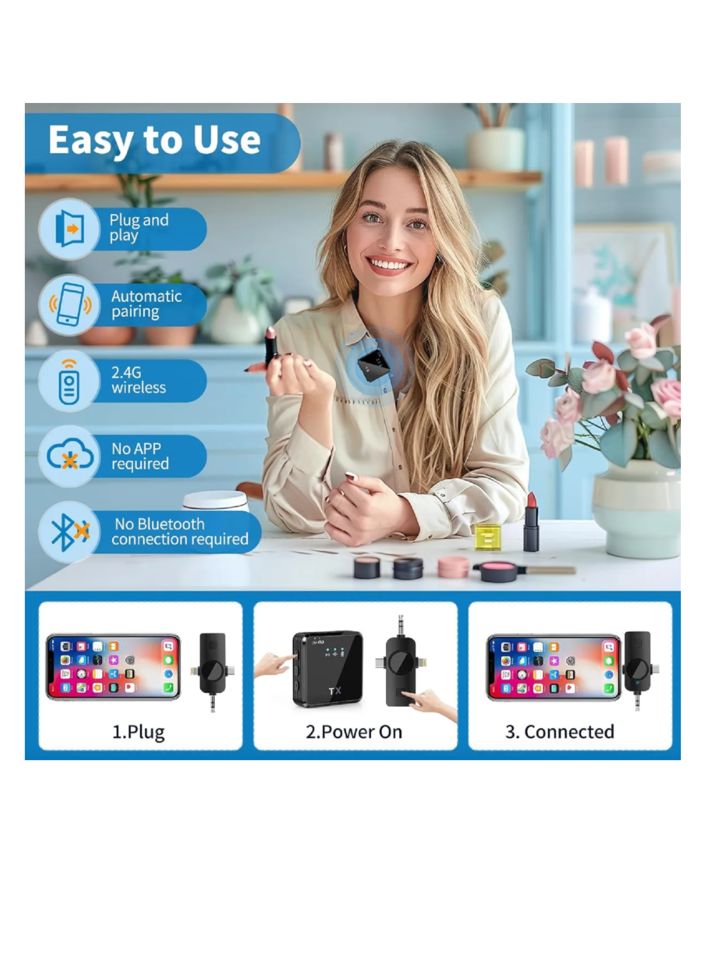Micrófono de solapa inalámbrico 3 Auxiliar,USB-C Para iPhone-0