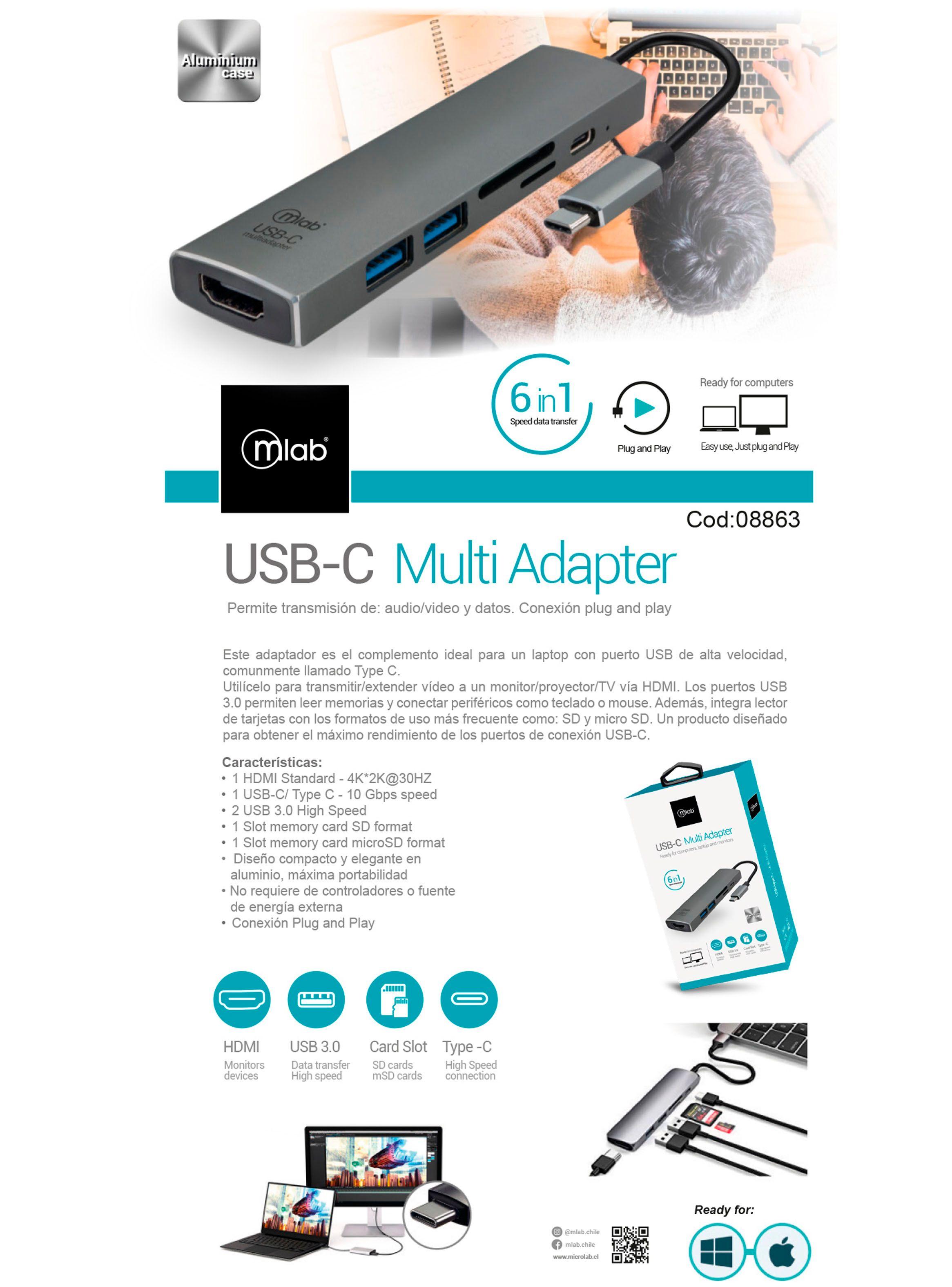 Adaptador OTG USB-C 6 En 1 Microlab HDMI 4k+Usb3.0+SD+TF+PD-2