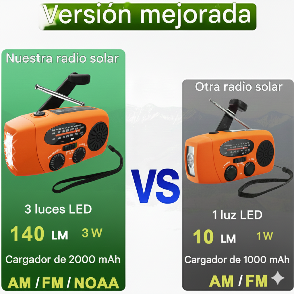 Radio Portatil AM FM Meteorologico Emergencia Recargable Solar Dinamo Linterna USB SOS-2