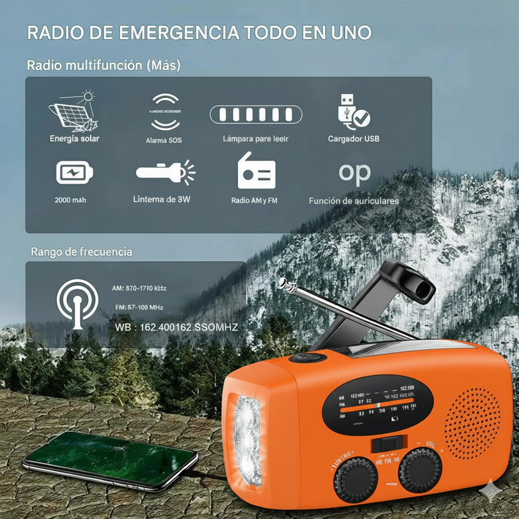 Radio Portatil AM FM Meteorologico Emergencia Recargable Solar Dinamo Linterna USB SOS-3