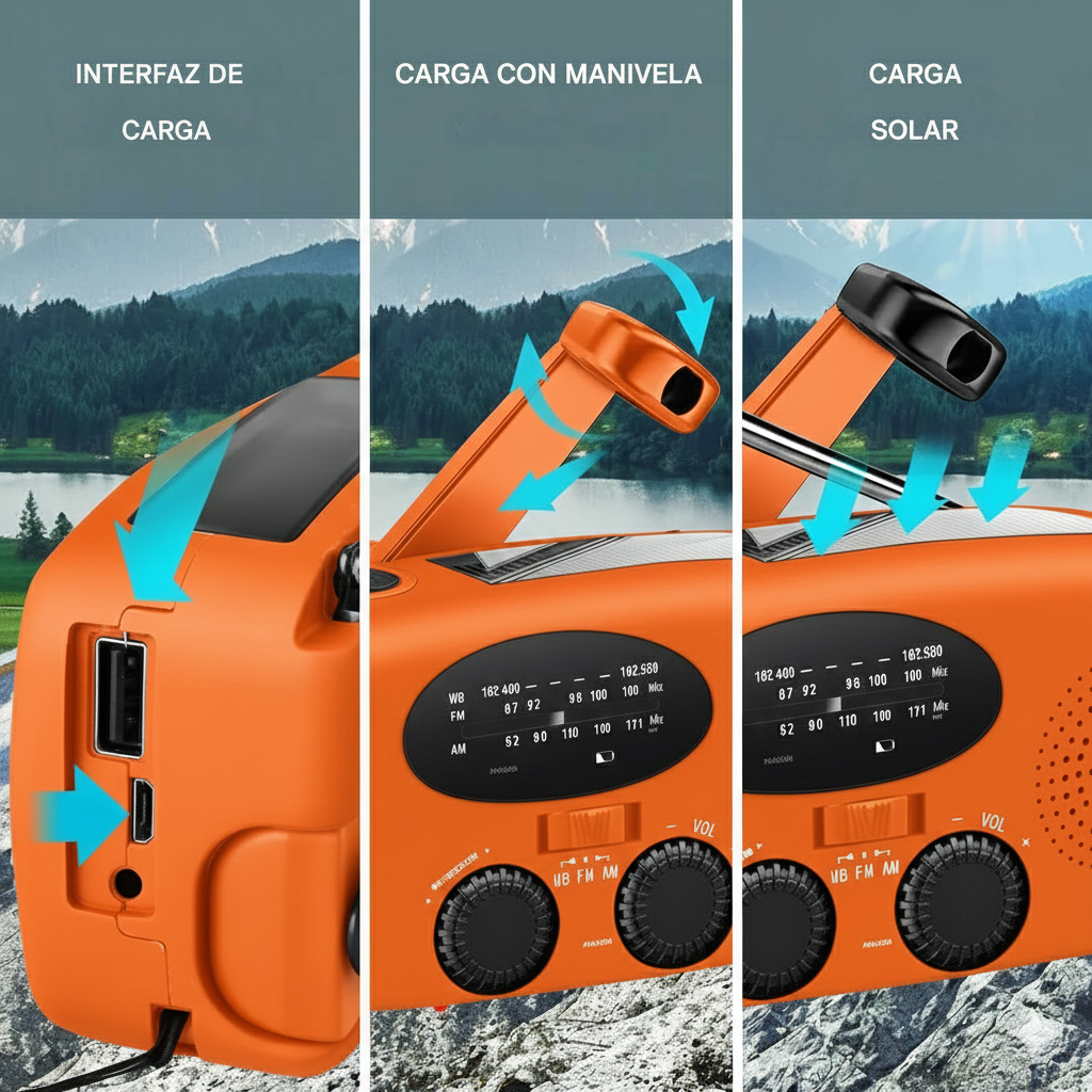 Radio Portatil AM FM Meteorologico Emergencia Recargable Solar Dinamo Linterna USB SOS-4