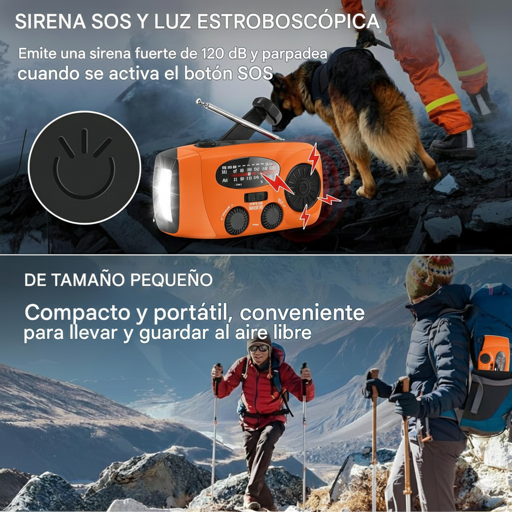 Radio Portatil AM FM Meteorologico Emergencia Recargable Solar Dinamo Linterna USB SOS-6