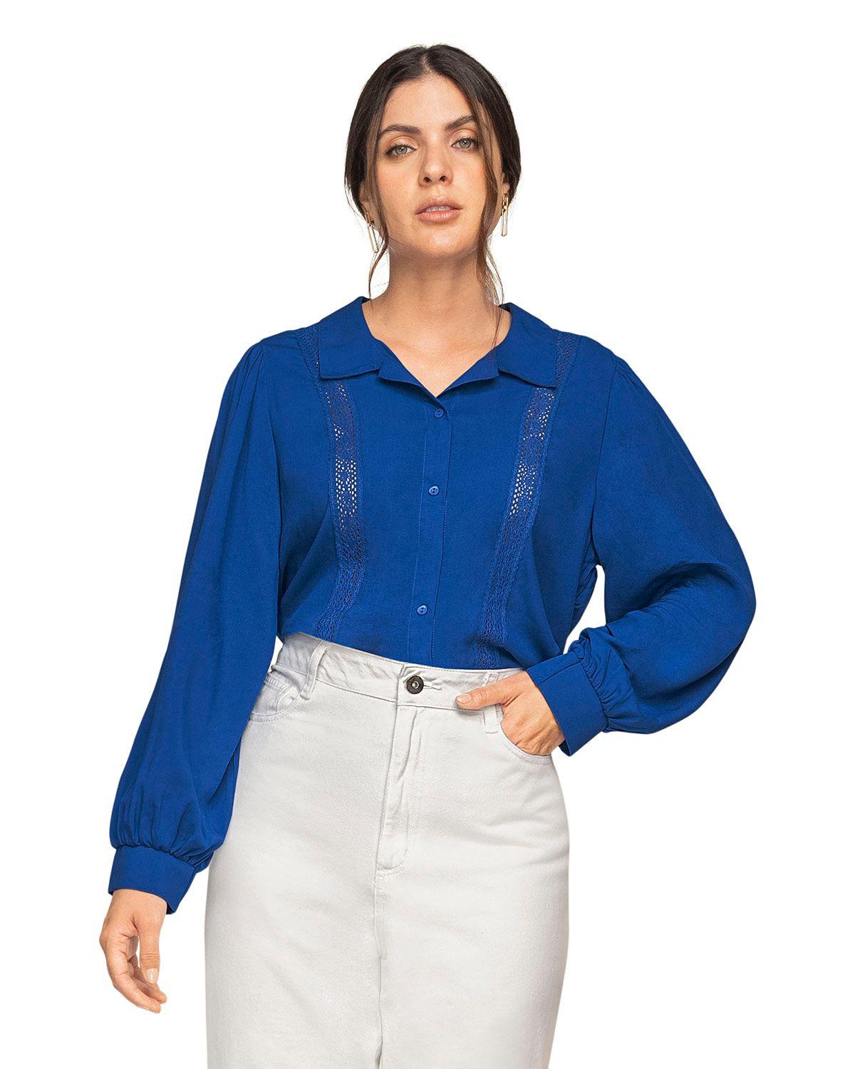Leonisa Blusa manga larga con cuello camisero y recogido en puños F6910 Azul-0
