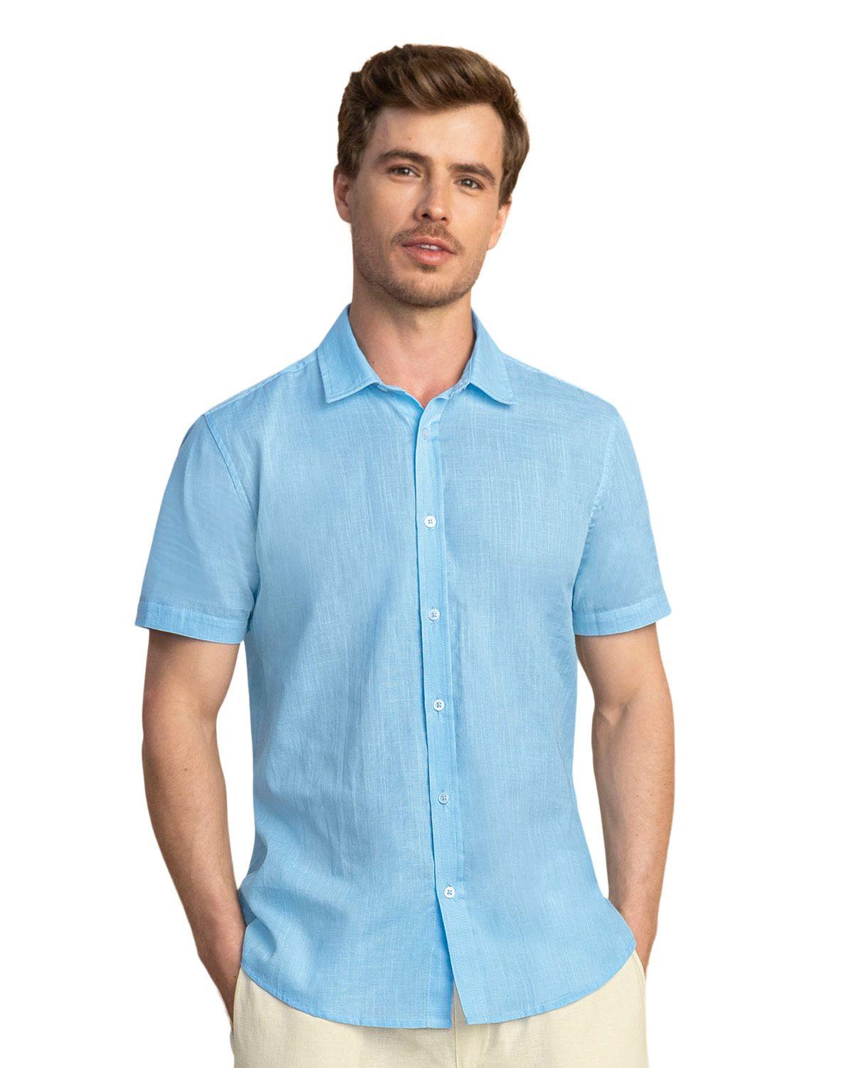 Leo Camisa manga corta con botones en frente tipo lino M3113 Azul Claro-0