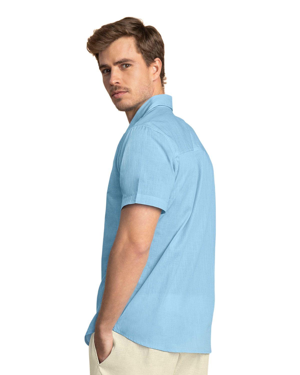 Leo Camisa manga corta con botones en frente tipo lino M3113 Azul Claro-1
