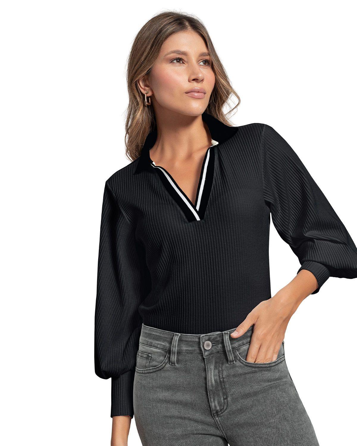 Leonisa Camiseta manga larga con cuello tejido y tela acanalada F6772 Negro-0