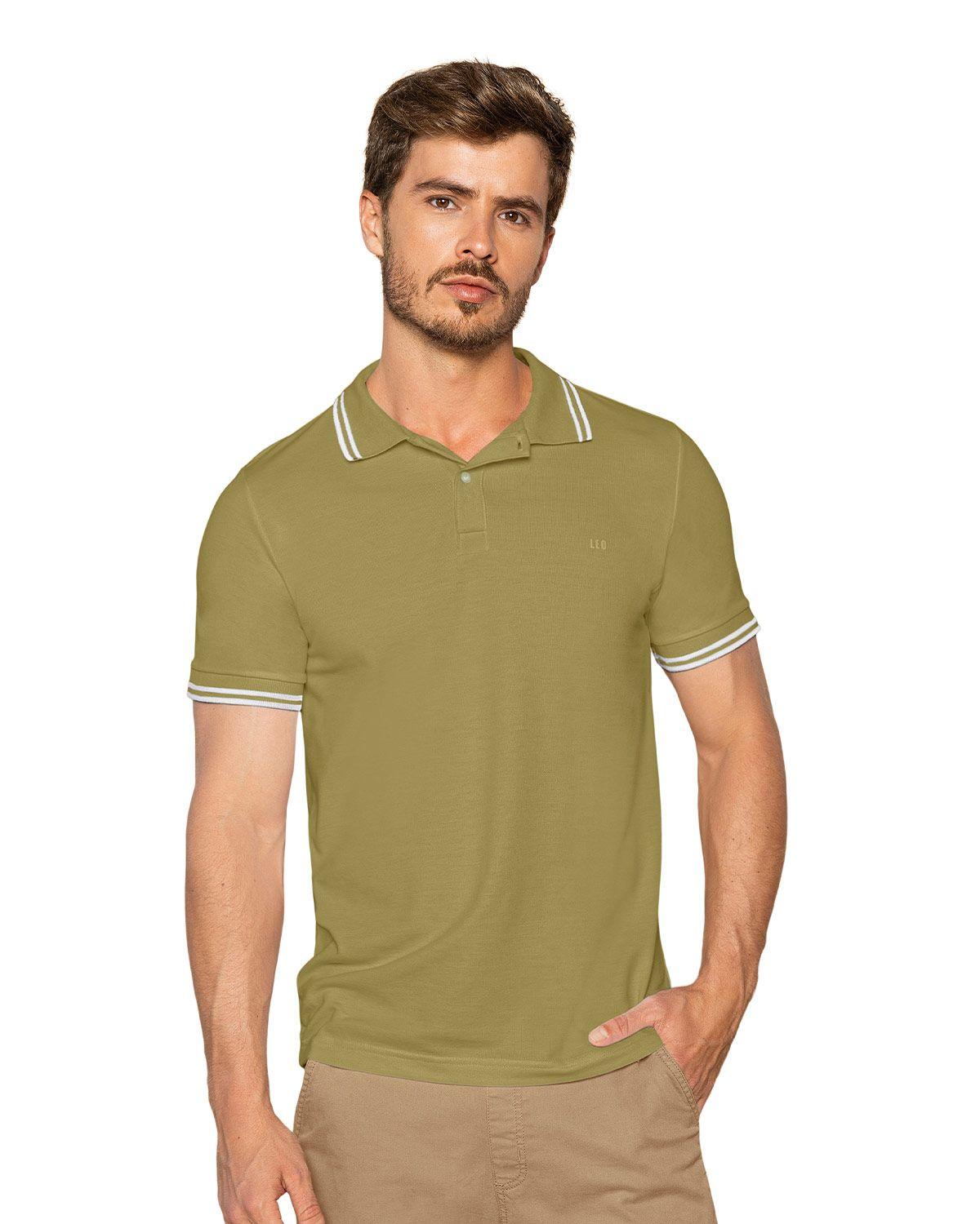 Leo Camiseta tipo polo con cuello y mangas tejidas M2654M Verde Aceituna-0