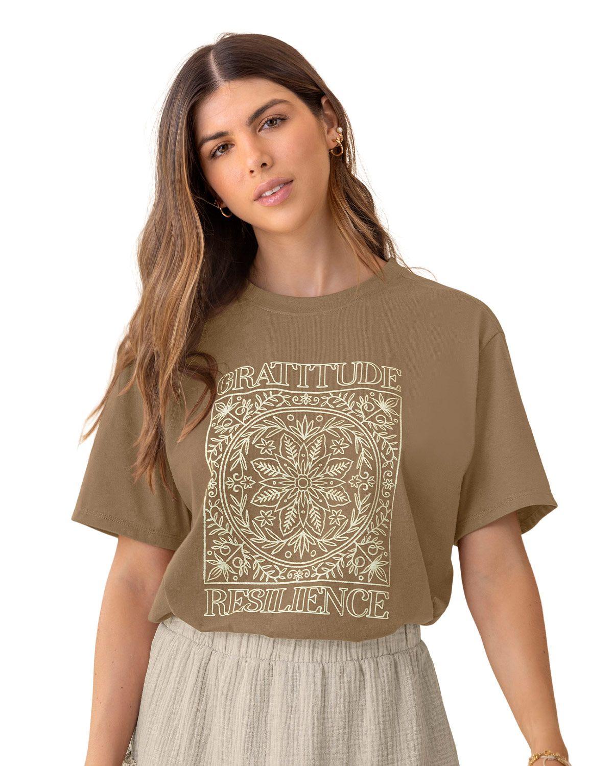 Leonisa Camiseta manga corta estampada con cuello redondo en rib J2592 Cafe Claro-0