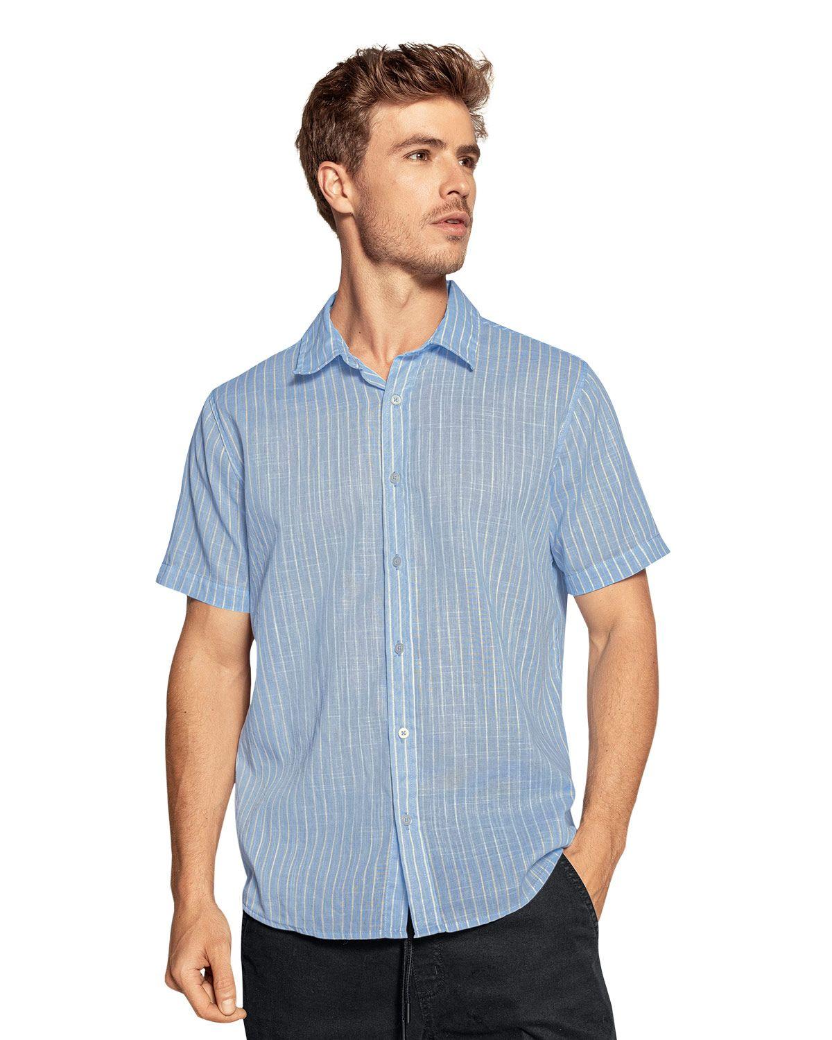 Leo Camisa manga corta de rayas con botones funcionales en frente M3122 Azul Claro-0