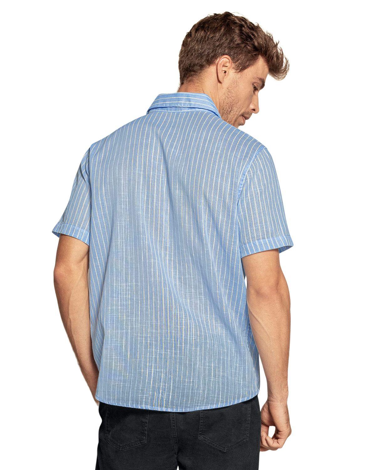 Leo Camisa manga corta de rayas con botones funcionales en frente M3122 Azul Claro-1
