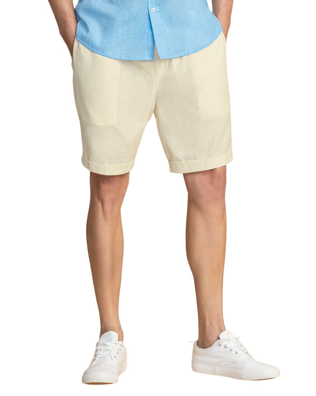 Leo Bermuda con elástico y tira para anudar en cintura tipo lino M3109 Beige-0