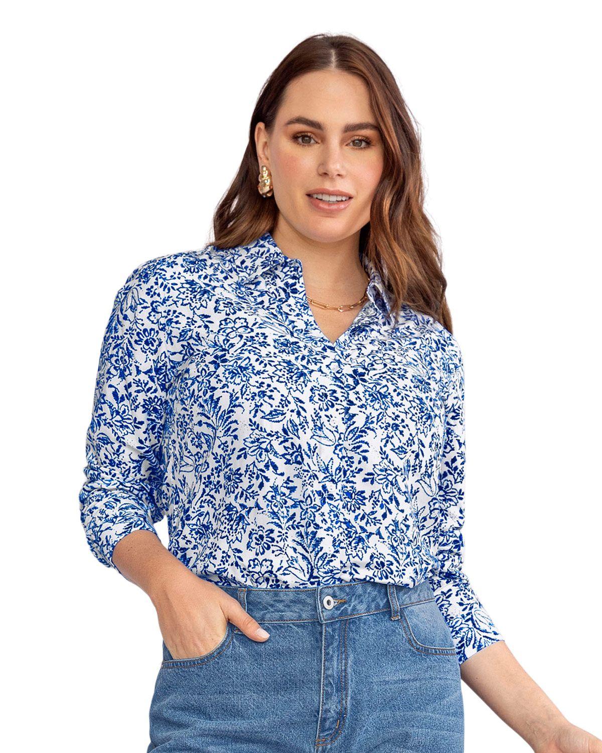 Leonisa Blusa manga larga con botones funcionales y puños con botón F4887S Azul Estampado-0