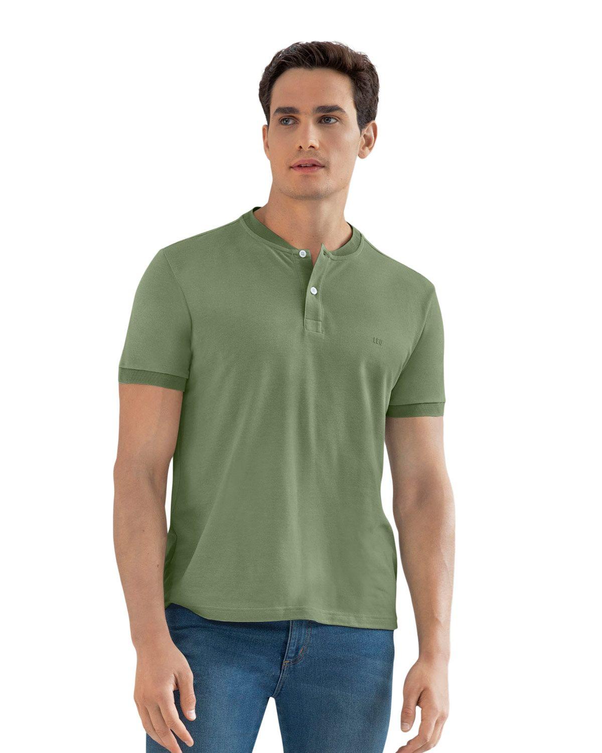 Leo Camiseta con cuello y puños tejidos en contraste M2975 Verde Oliva-0