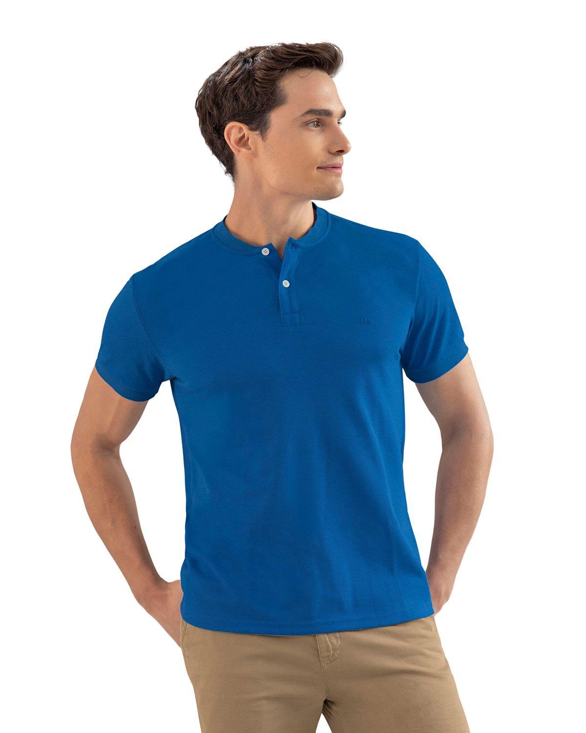 Leo Camiseta con cuello y puños tejidos en contraste M2975 Azul Medio-0