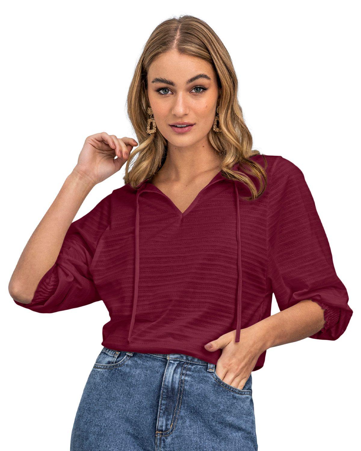 Leonisa Camiseta con mangas con volumen y nido de abeja en puños F6132 Vino-0
