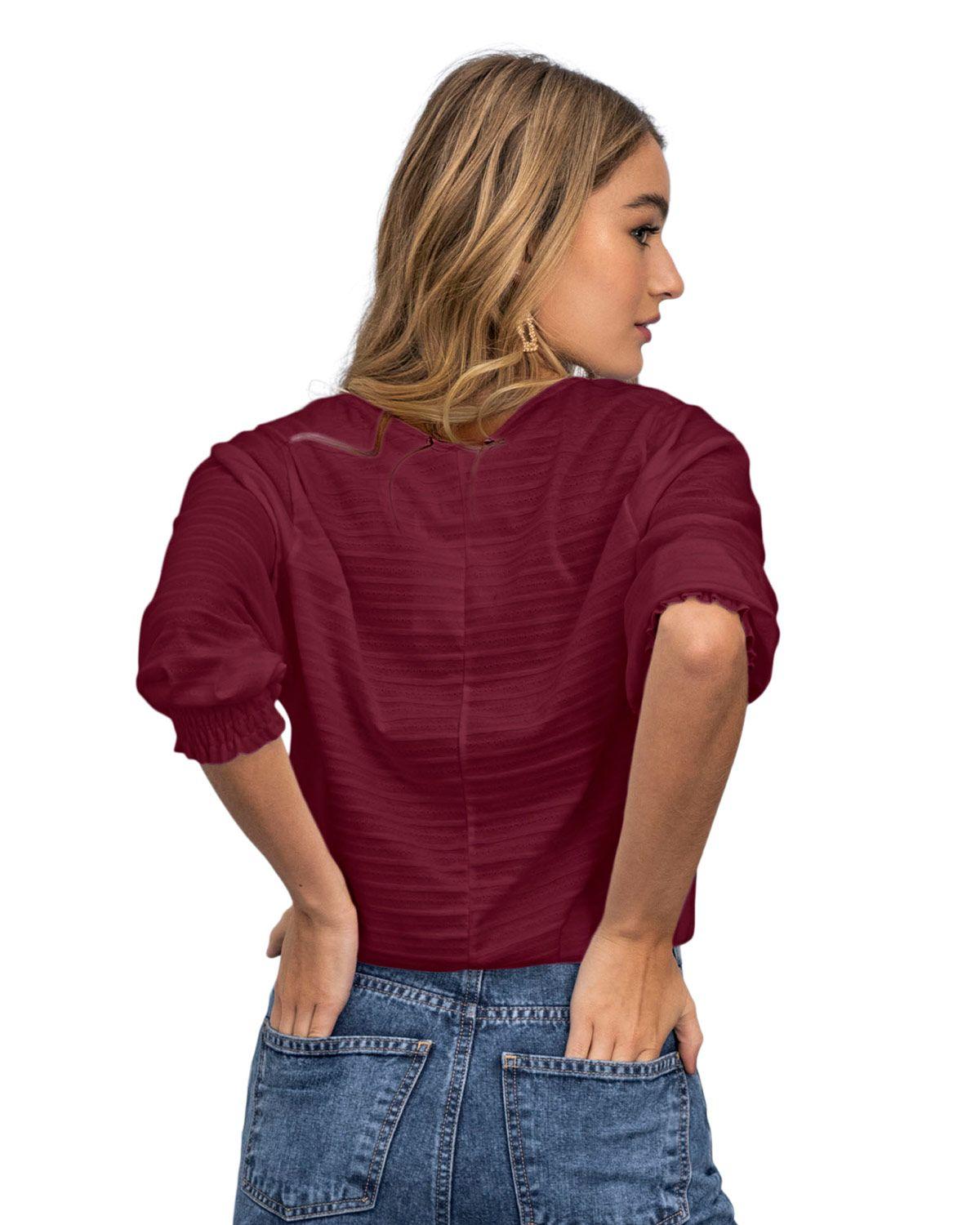 Leonisa Camiseta con mangas con volumen y nido de abeja en puños F6132 Vino-1