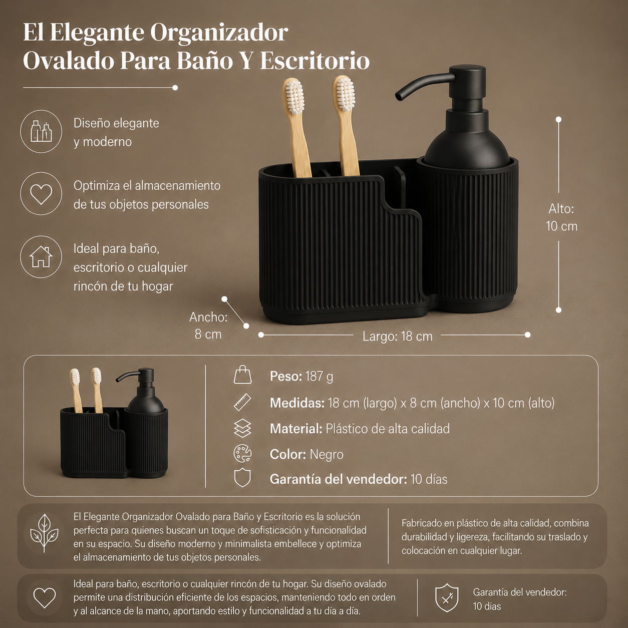 El Elegante Organizador Ovalado Para Ba o Y Escritorio Negro-3