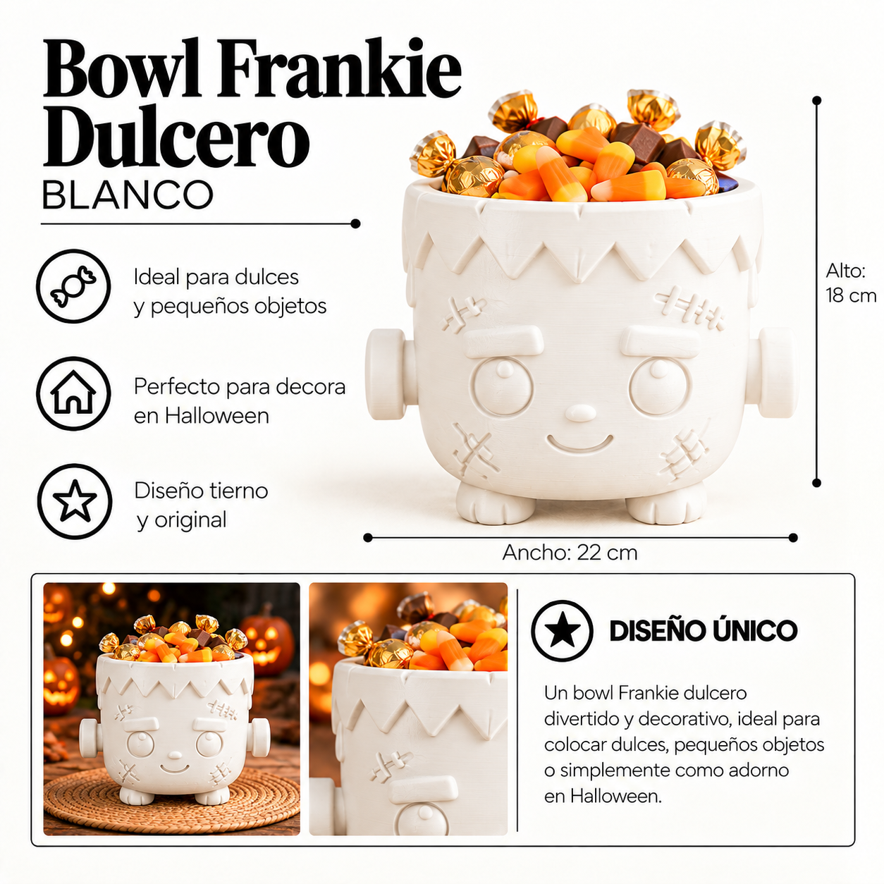 Bowl Decorativo- Frankie Dulcero Halloween 18 cm Blanco-1