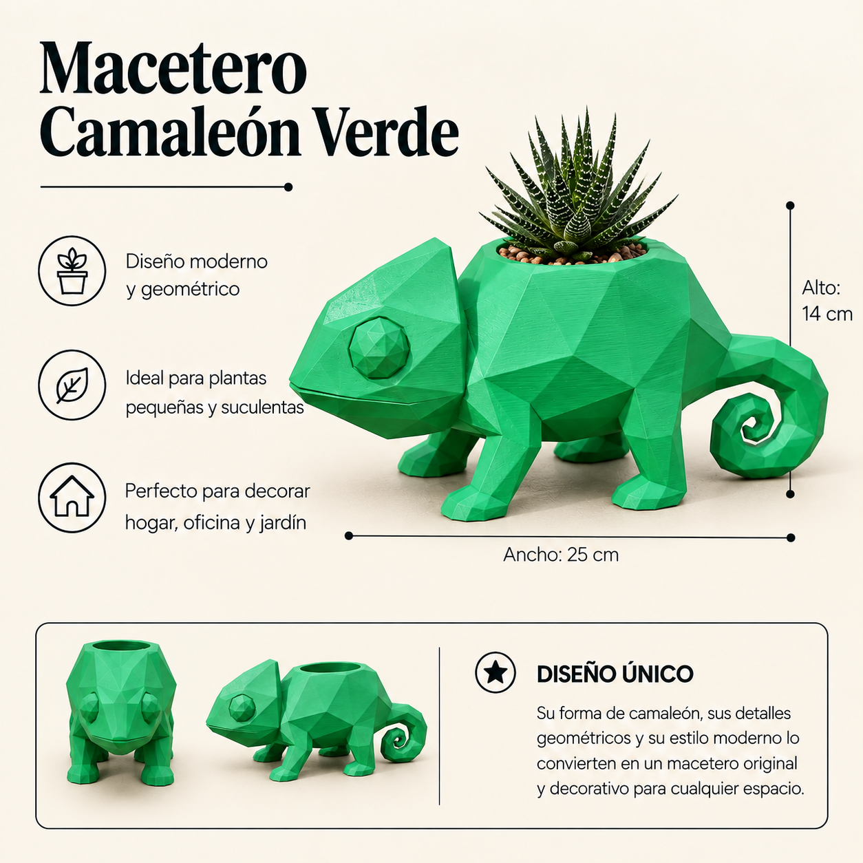 Macetero Decorativo Hogar- Camaleón 14 cm Verde-1