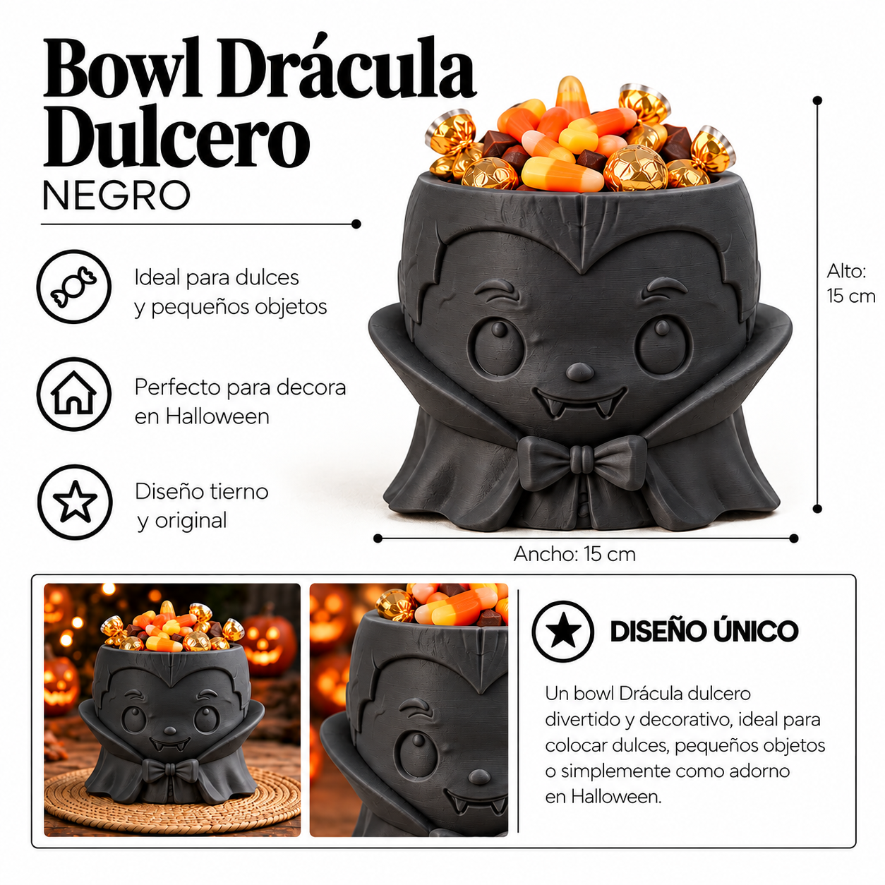 Bowl Decorativo- Drácula Dulcero Halloween 15 cm Negro -1