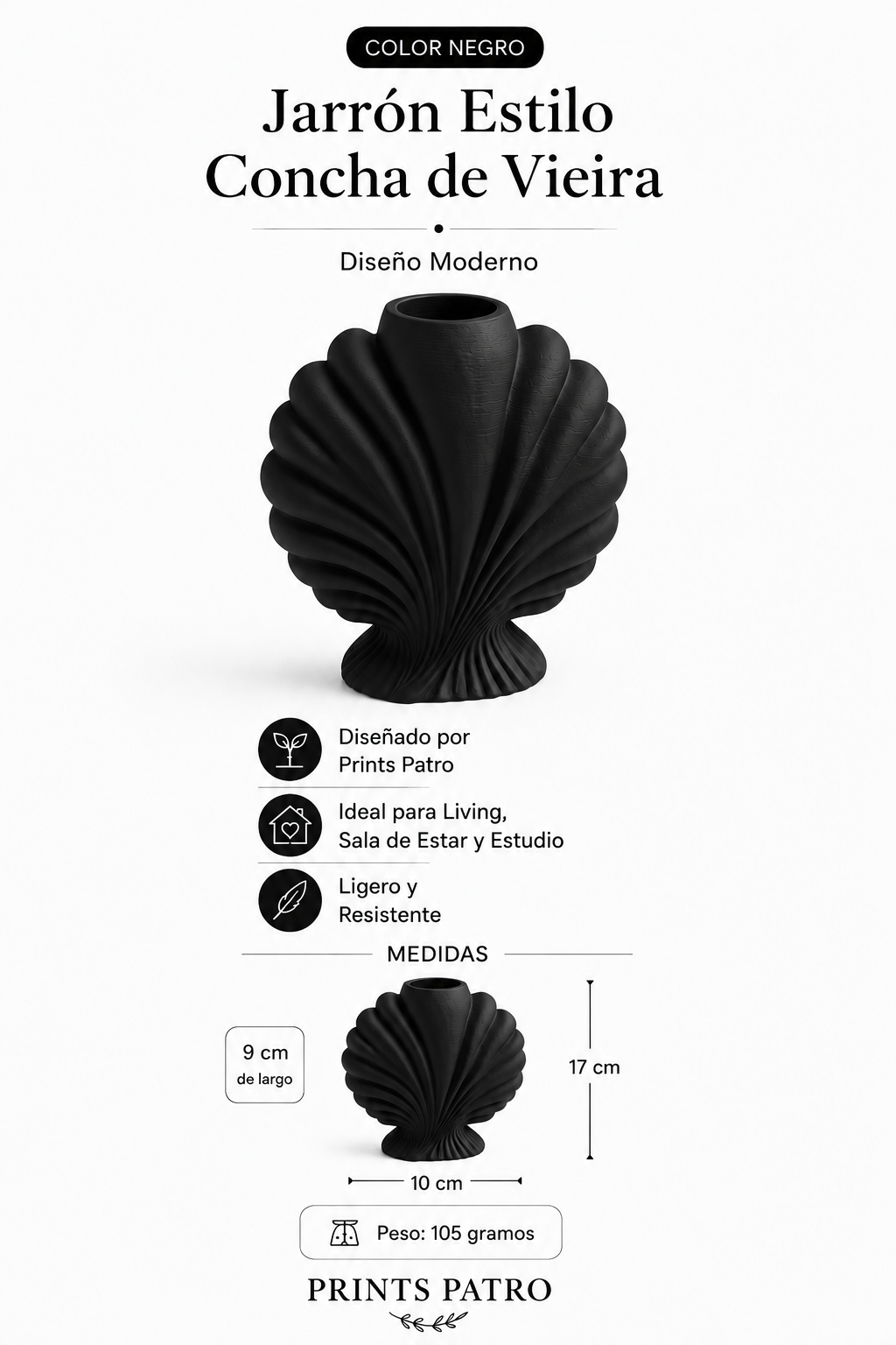 Decoración Elegante Prints Patro - Jarrón Estilo Concha de Vieira Negro-3