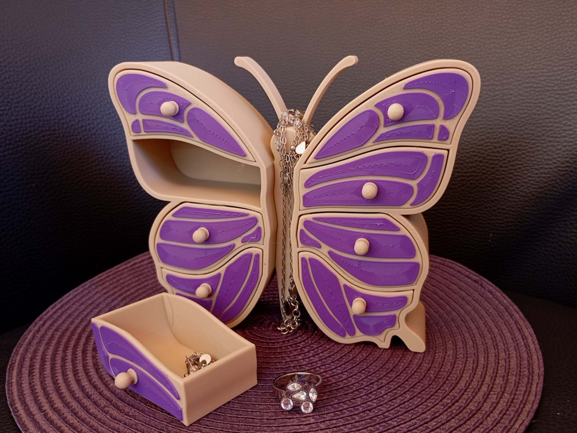 Joyero Con Cajón De Mariposa Beige Y Morado-2