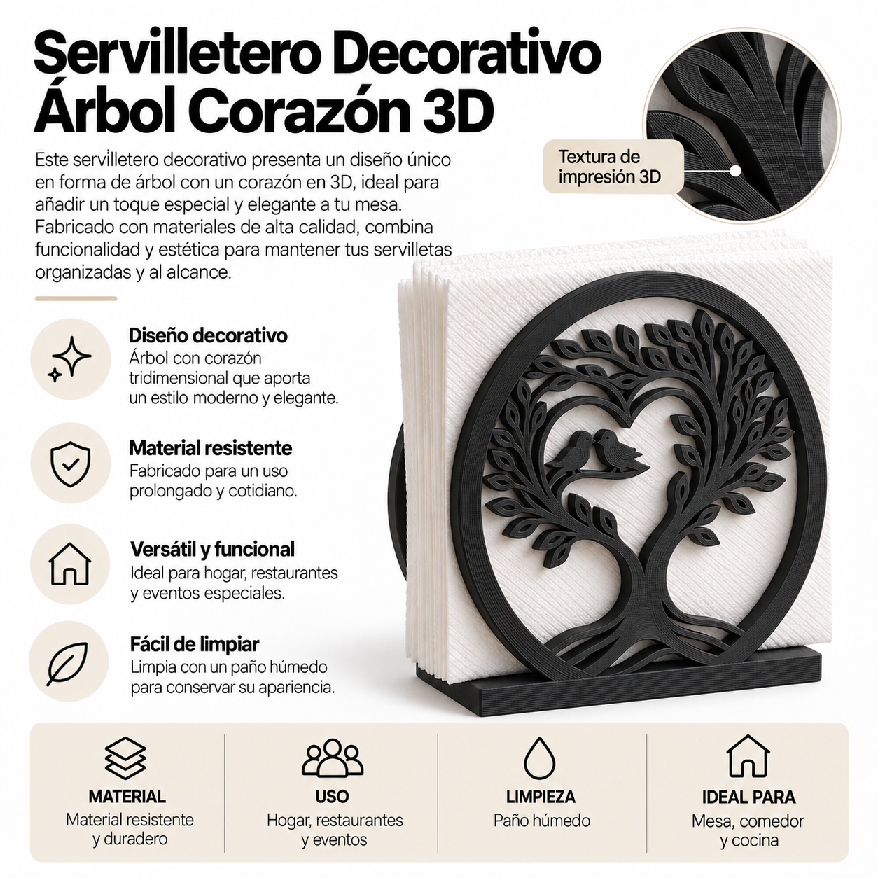 Servilletero Decorativo rbol Coraz n 3D Negro-3