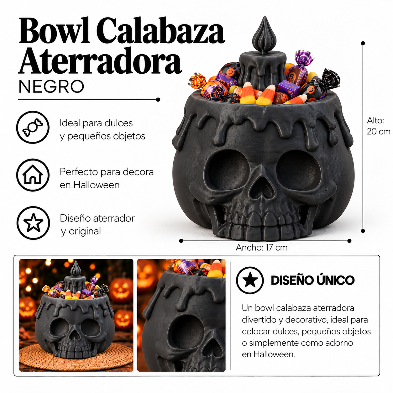 Bowl Decorativo- Calabaza Aterradora Halloween 20 cm Negro -1