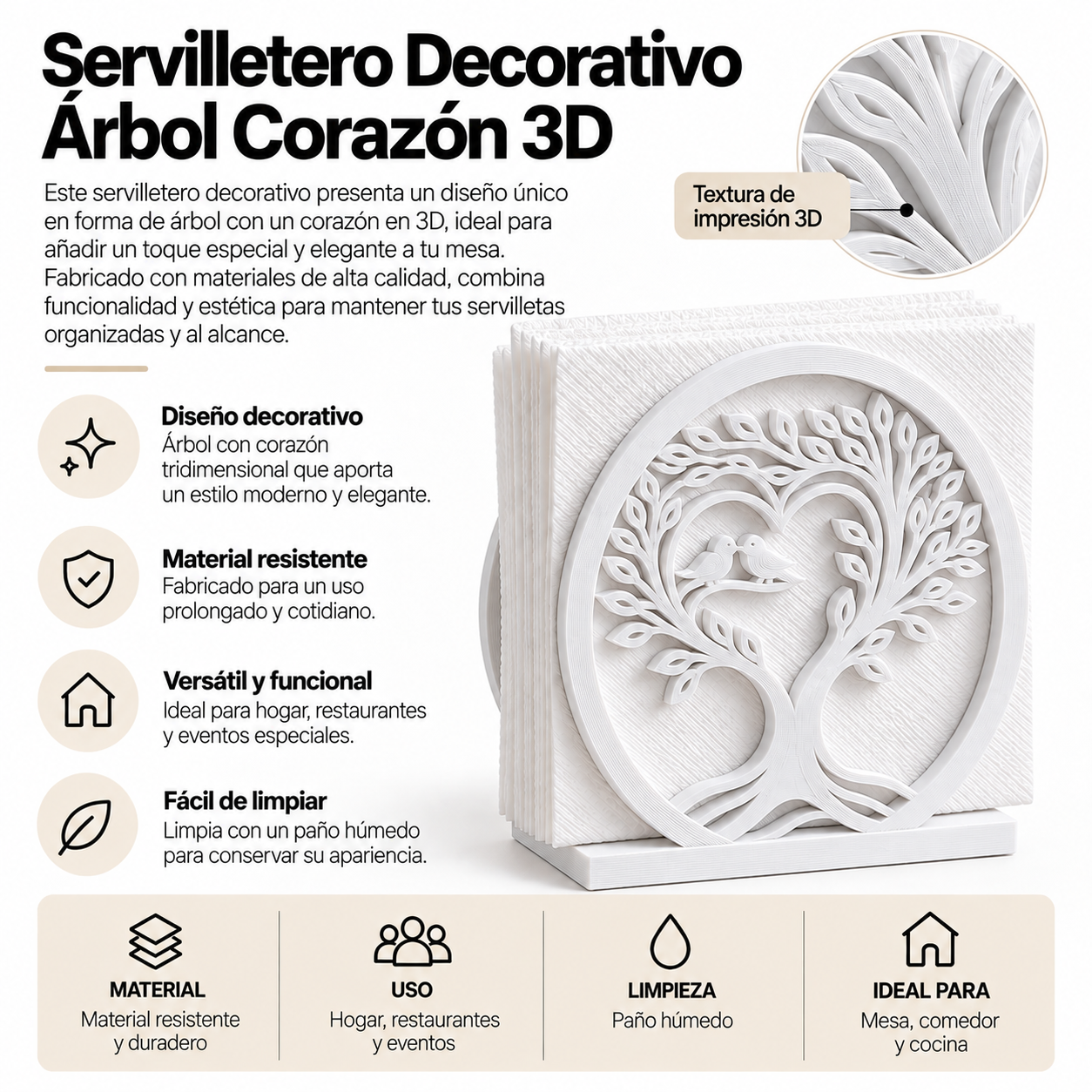 Servilletero Decorativo rbol Coraz n 3D Blanco-2