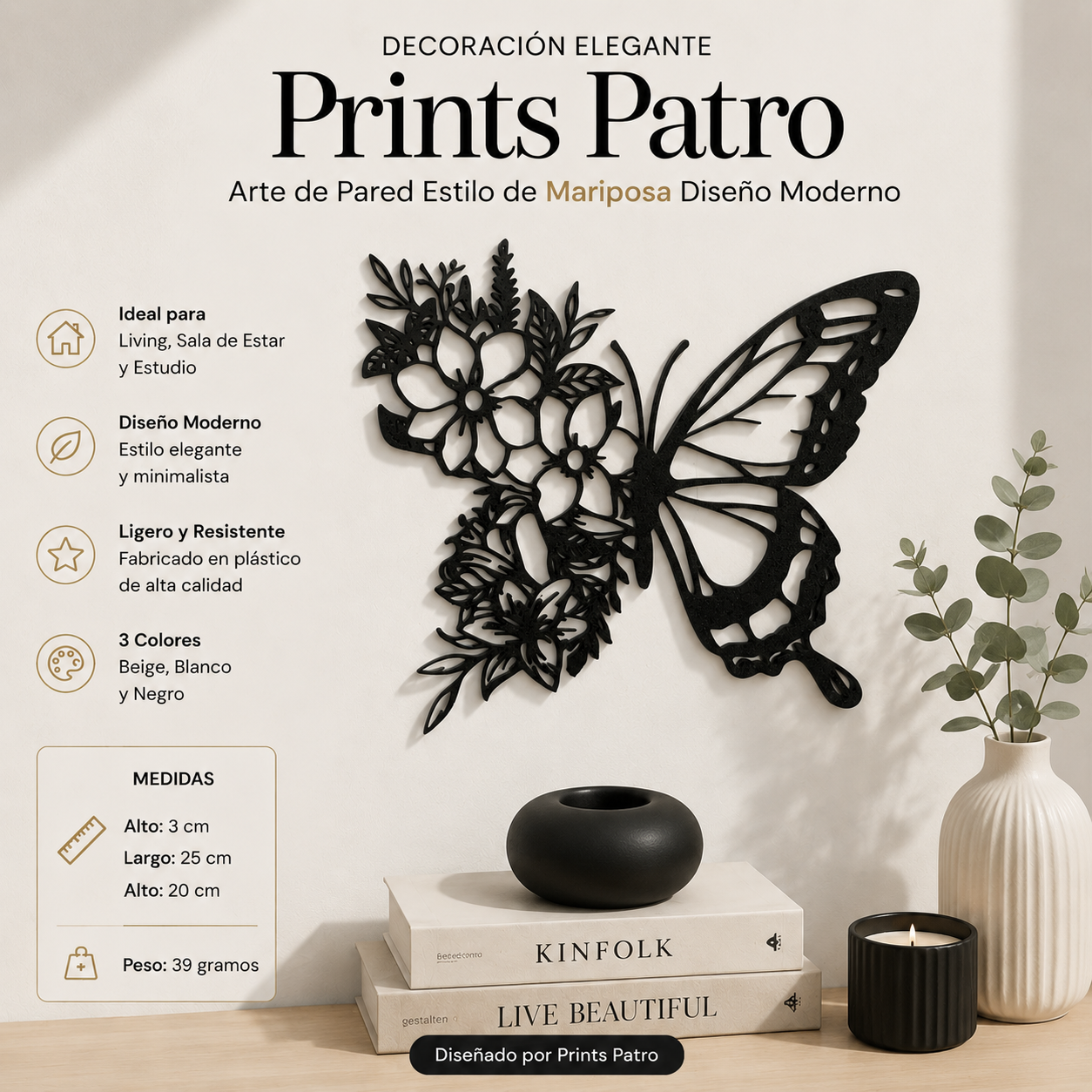 Decoración Elegante Prints Patro - Arte de Pared Estilo de Mariposa Negro-1
