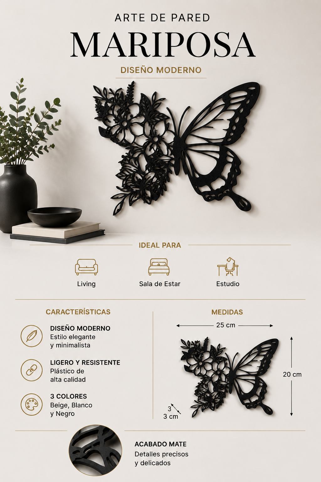 Decoración Elegante Prints Patro - Arte de Pared Estilo de Mariposa Negro-3